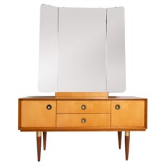 Retro Midcentury Mirrored Dressing Table in Sycamore and Walnut, France, circa 1950