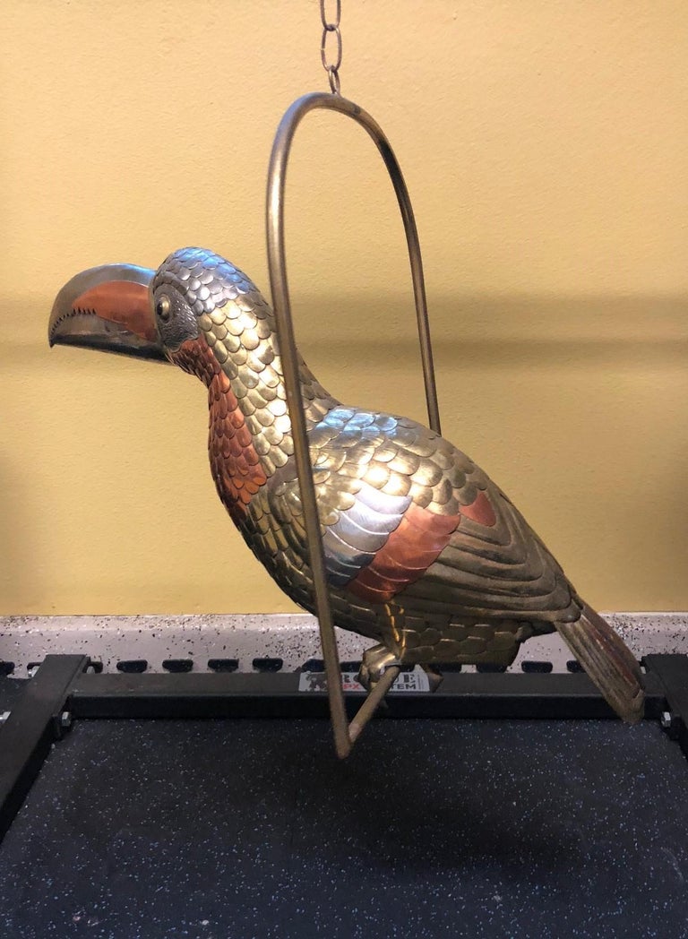 Mexican Midcentury Mixed Metals Toucan Bird Sculpture Signed by Sergio Bustamante For Sale