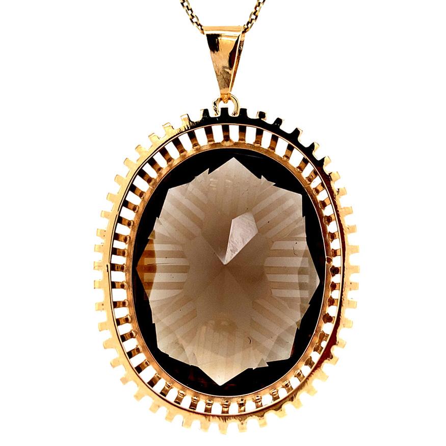 Oval Cut MidCentury Mod Smoky Quartz Statement Pendant 14K Yellow Gold For Sale