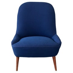 Midcentury Modern 1950s Blue Fabric, Lounge Arm Chair, Scandinavian Design