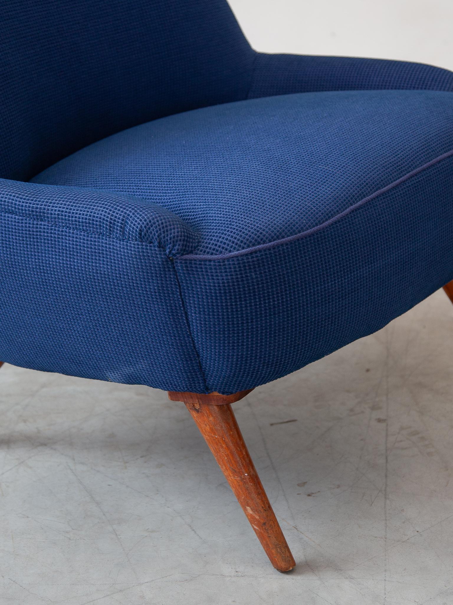 Upholstery Midcentury Modern 1950s Blue Fabric, Lounge Arm Chair, Scandinavian Design For Sale