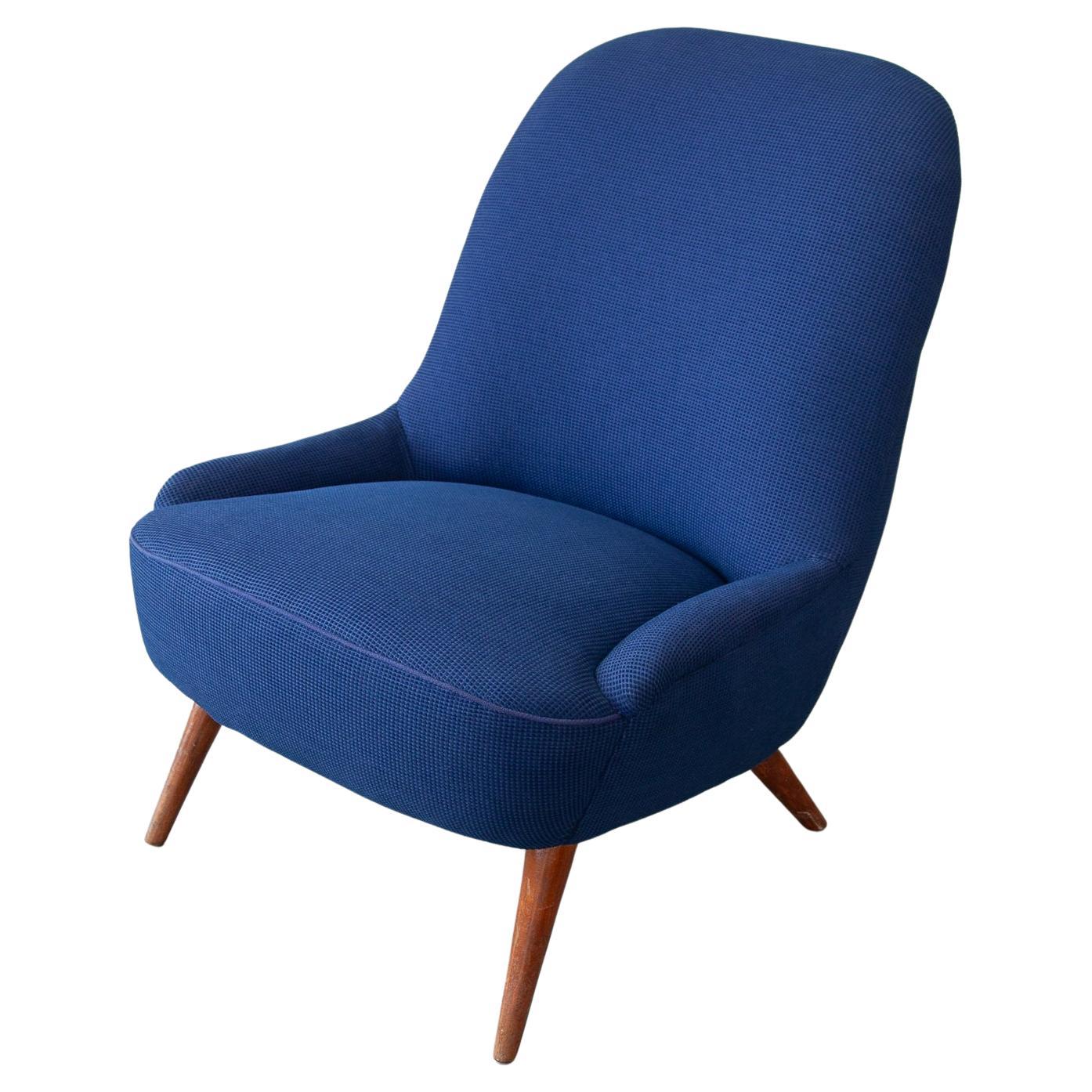 Midcentury Modern 1950s Blue Fabric, Lounge Arm Chair, Scandinavian Design For Sale