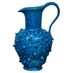 Midcentury Modern 1950s French Vallauris Blue Pottery Pitcher with Spiked Design
