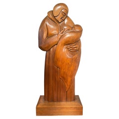 Midcentury Modern 1950s Wooden Sculpture of a Madonna with Child by M. Plisnier