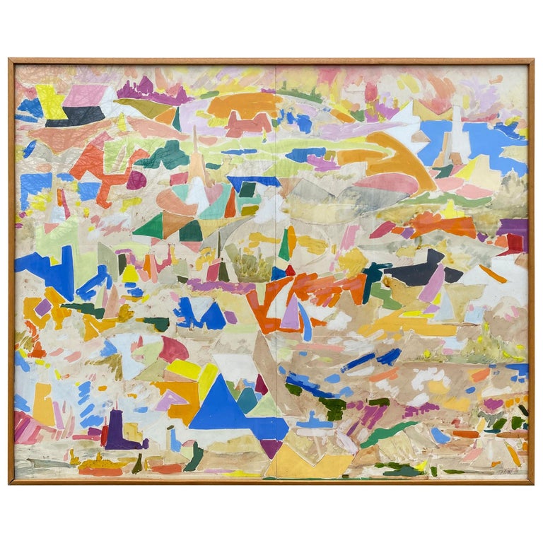 Mid Century Modern Watercolor Abstract Artwork Painting Maple Frame Colorful For Sale At 1stdibs