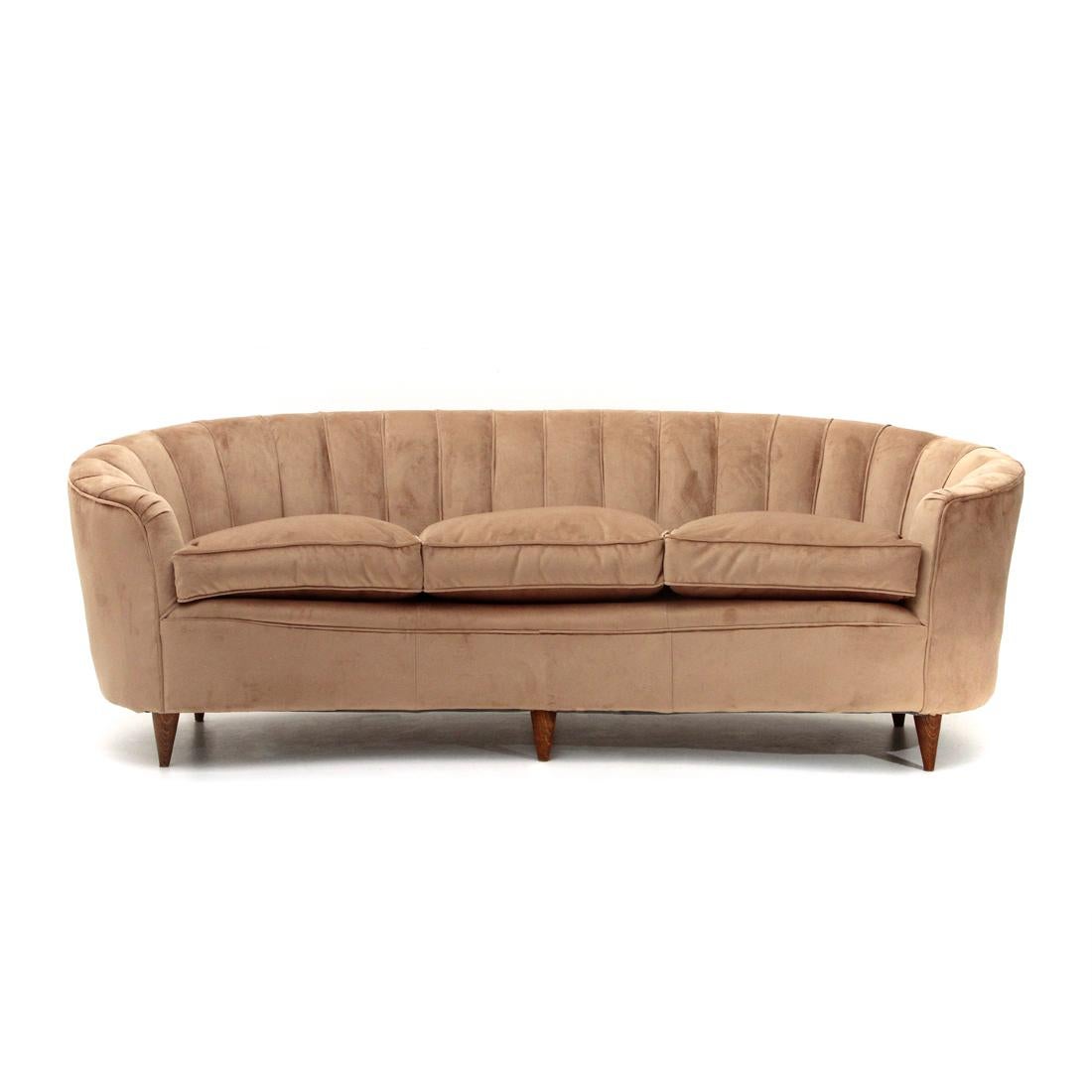 Velvet Mid-Century Modern 3-Seat Powder Pink-Colored Curved Sofa, 1950s For Sale