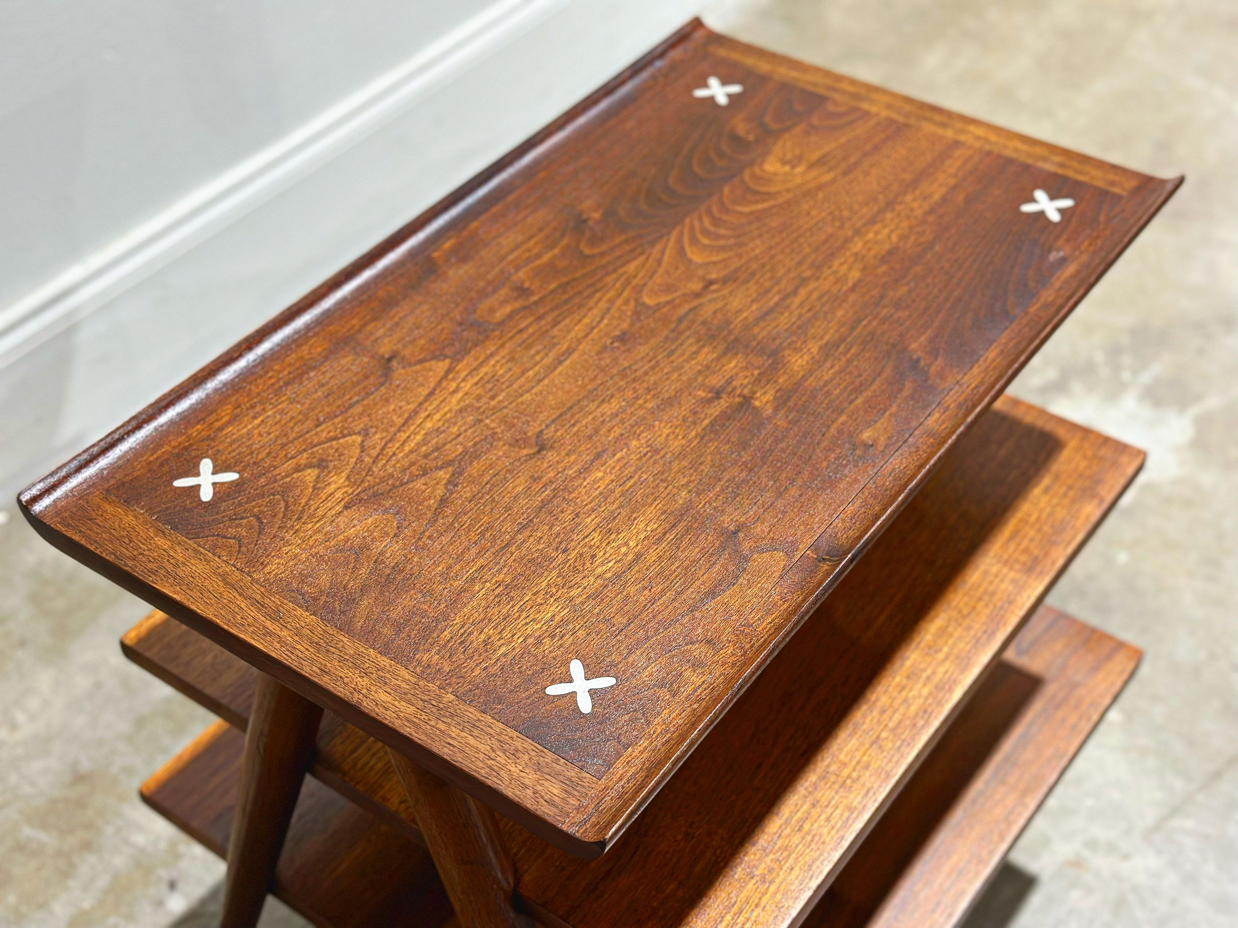 American Mid-Century Modern 3 Tier Walnut Magazine Table, Merton Gershun, X Inlay