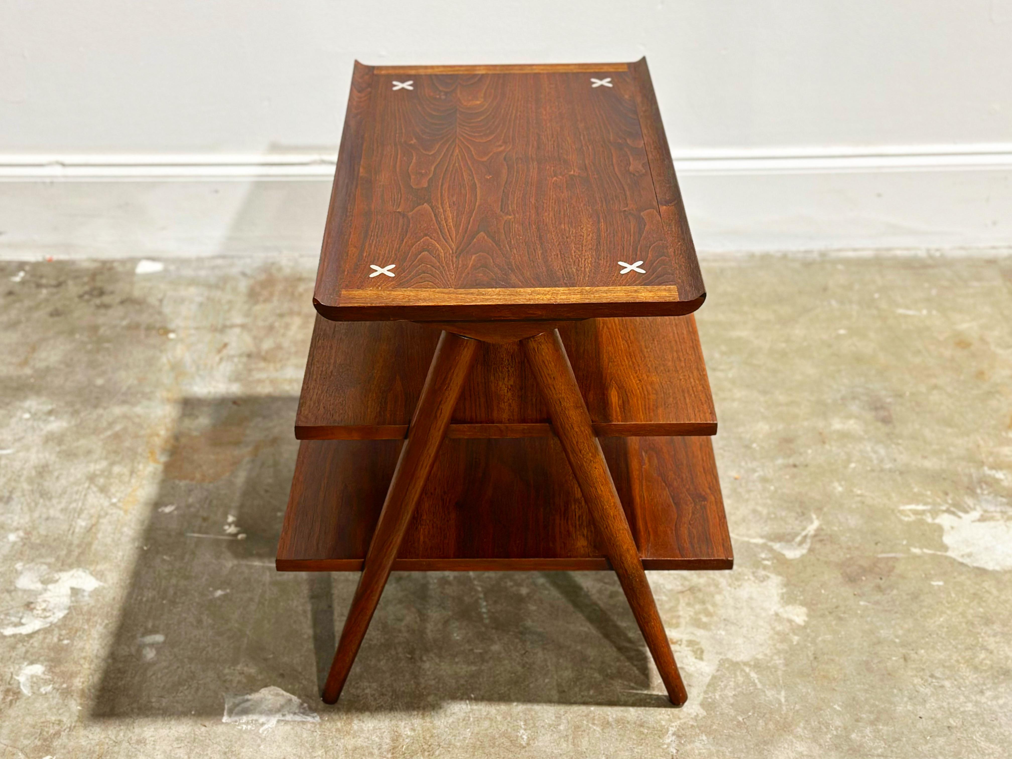 Mid-Century Modern 3 Tier Walnut Magazine Table, Merton Gershun, X Inlay In Good Condition In Decatur, GA