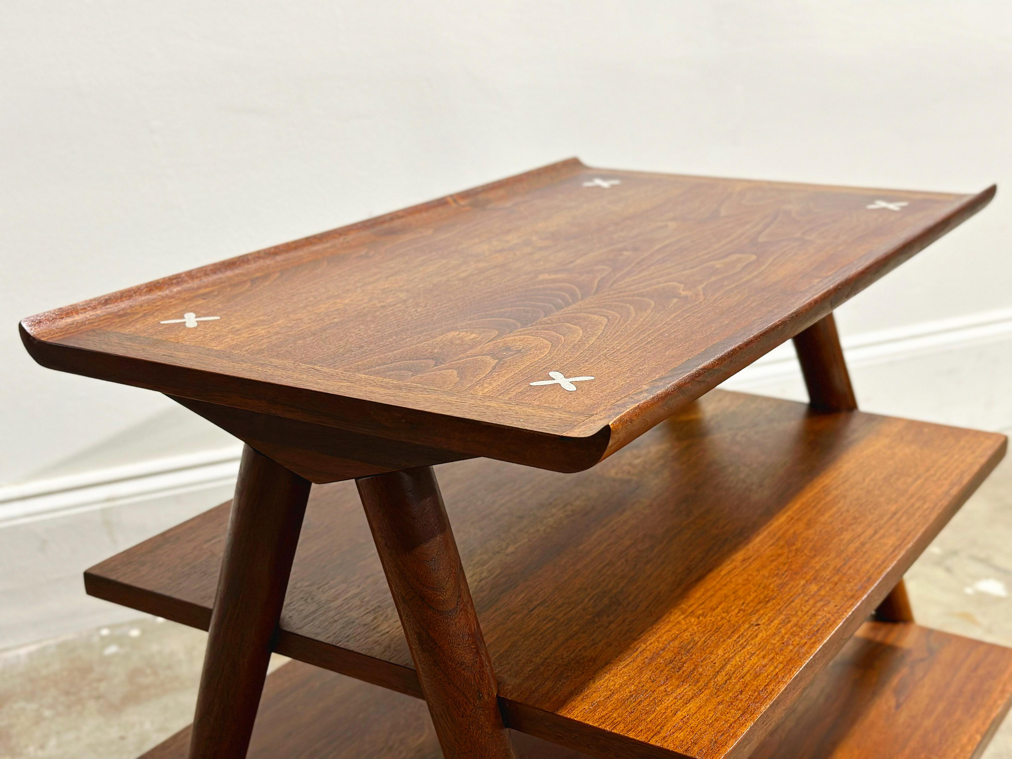 Mid-20th Century Mid-Century Modern 3 Tier Walnut Magazine Table, Merton Gershun, X Inlay