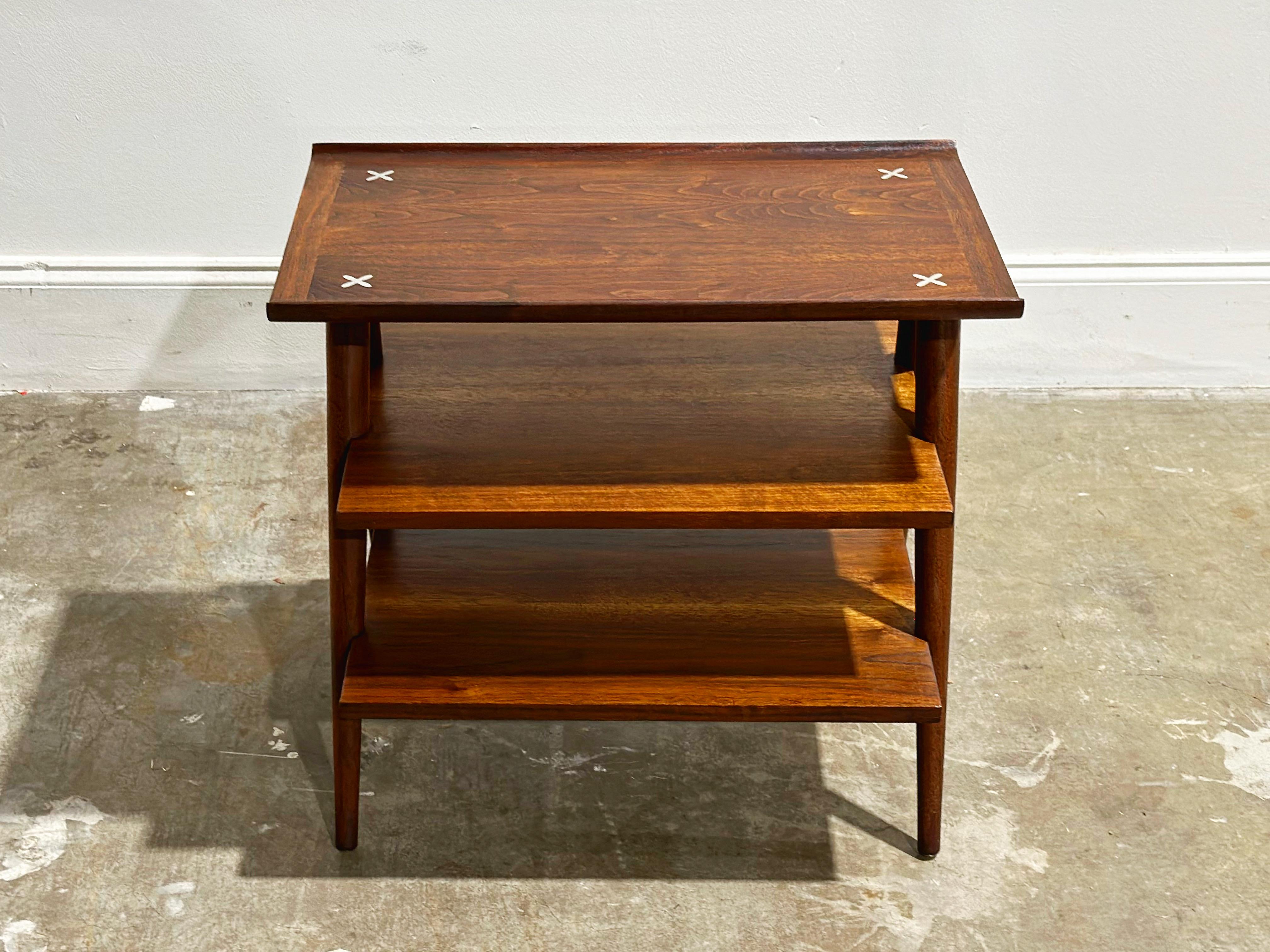 Aluminum Mid-Century Modern 3 Tier Walnut Magazine Table, Merton Gershun, X Inlay