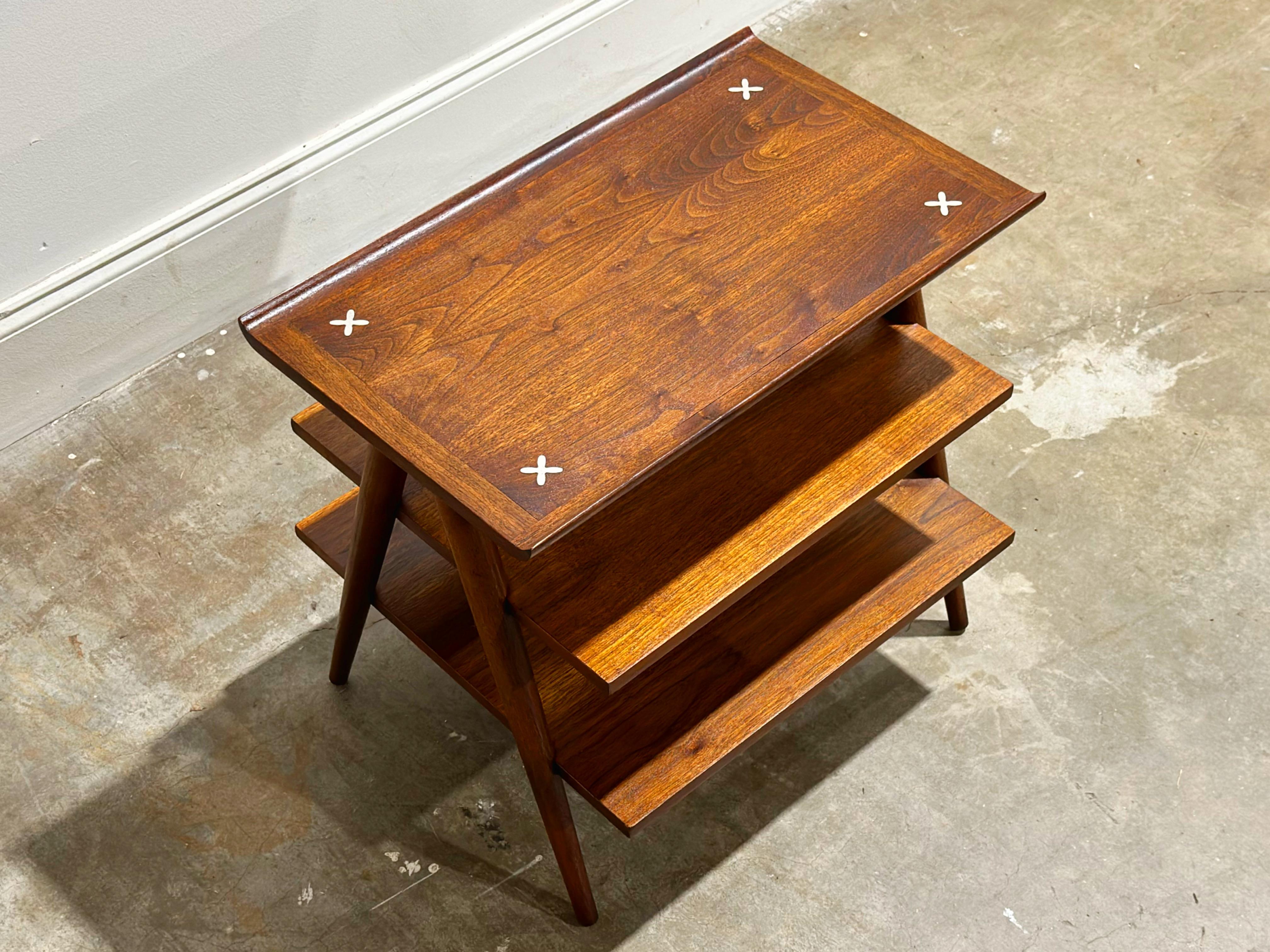 Mid-Century Modern 3 Tier Walnut Magazine Table, Merton Gershun, X Inlay 2