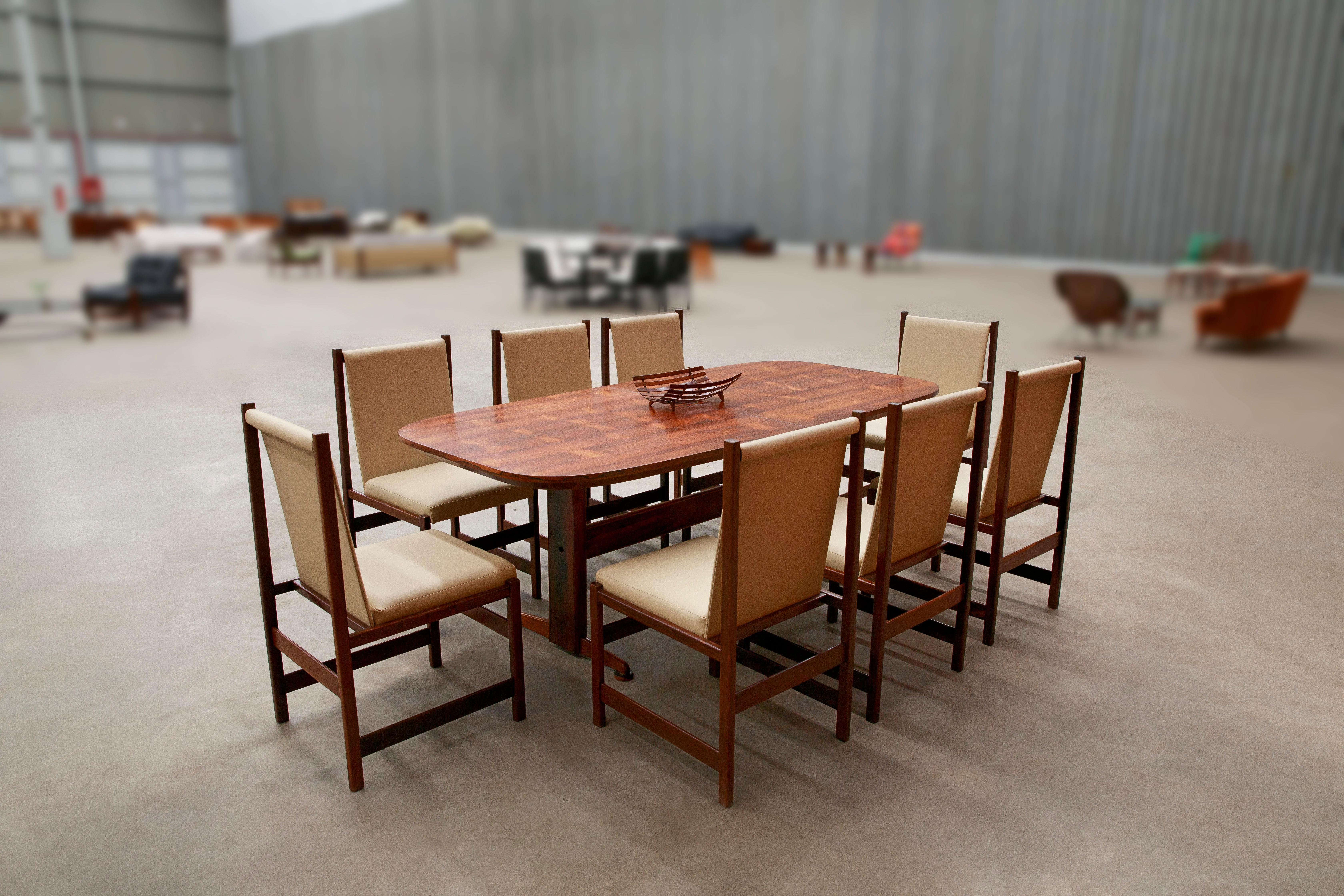 Mid-Century Modern 8 Dining Chair Set in Hardwood&Beige Leather by Celina 1960s 8