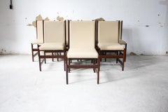 Mid-Century Modern 8 Dining Chair Set in Hardwood&Beige Leather by Celina 1960s