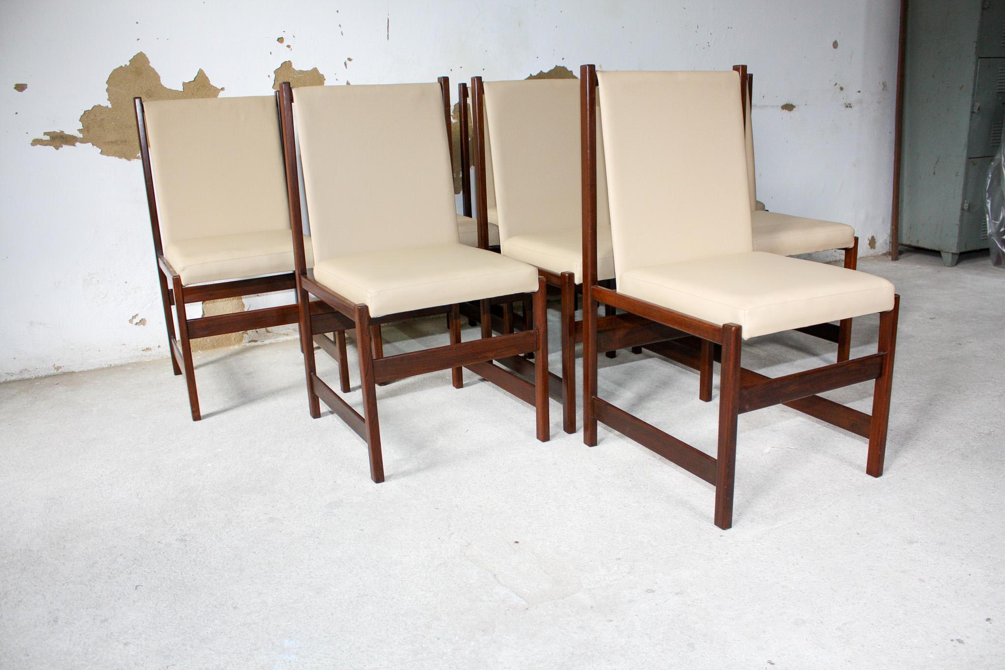 Brazilian Mid-Century Modern 8 Dining Chair Set in Hardwood&Beige Leather by Celina 1960s