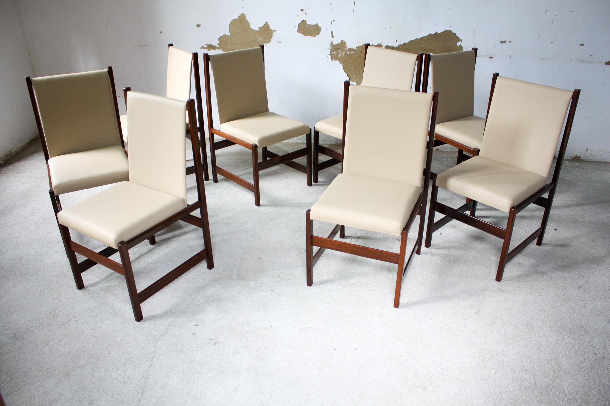 Woodwork Mid-Century Modern 8 Dining Chair Set in Hardwood&Beige Leather by Celina 1960s