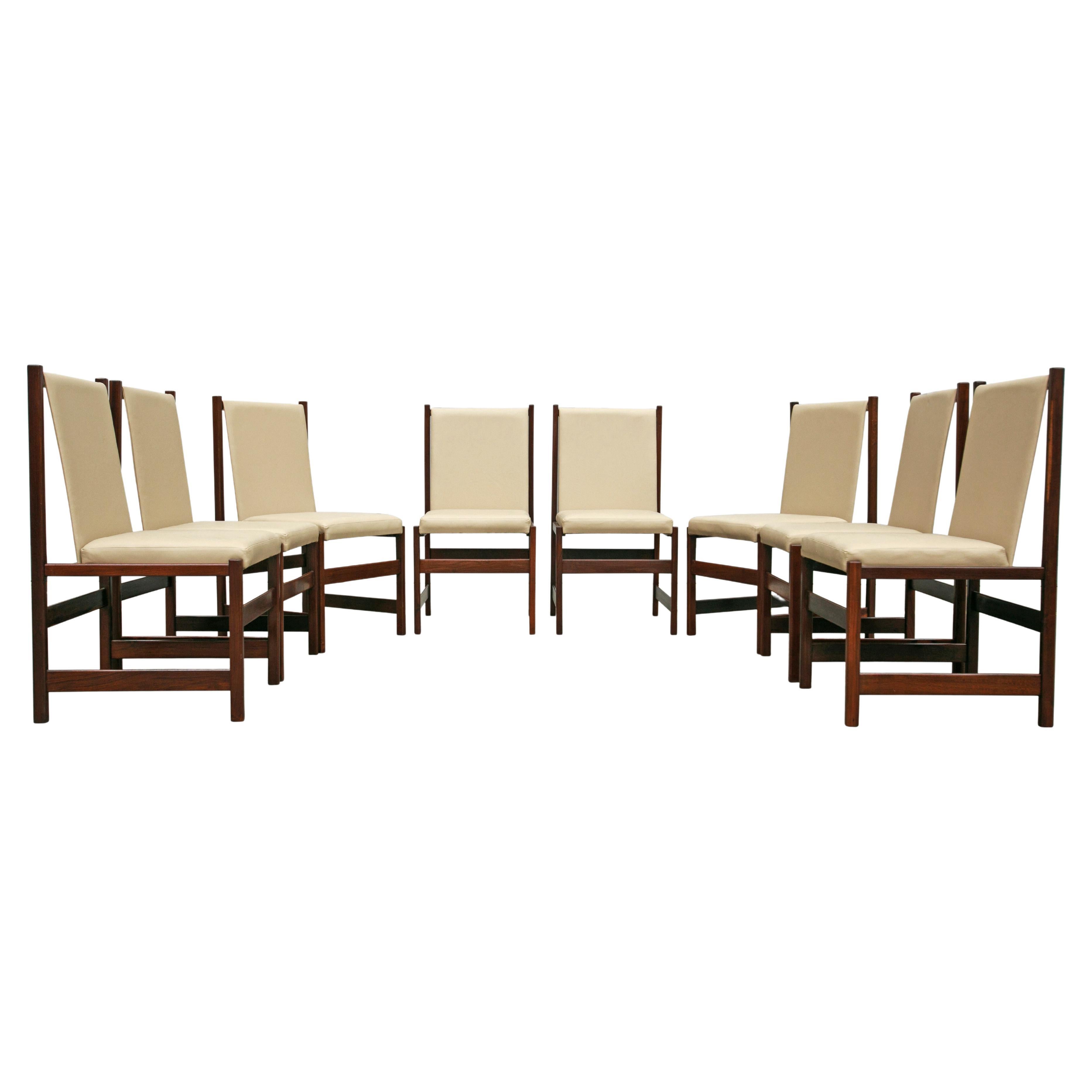Mid-Century Modern 8 Dining Chair Set in Hardwood&Beige Leather by Celina 1960s