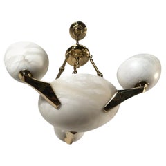 MidCentury Modern Art Deco Style Pure White Alabaster, Coated Gold Pendant Light