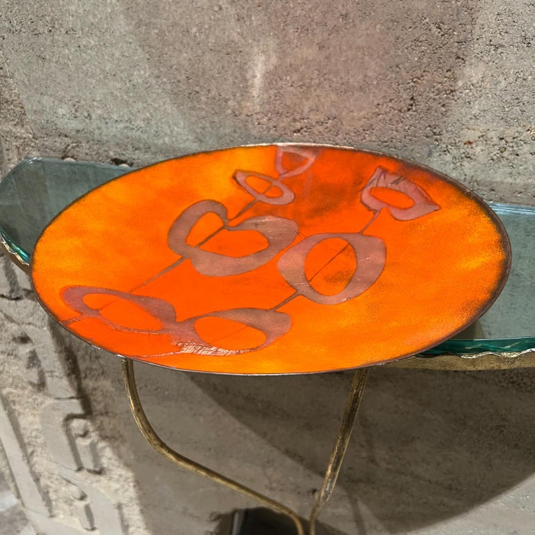 MidCentury Modern Art Orange and Gold Copper Enamel Decorative Plate