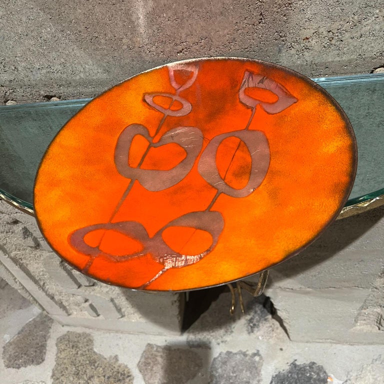 MidCentury Modern Art Orange and Gold Copper Enamel Decorative Plate