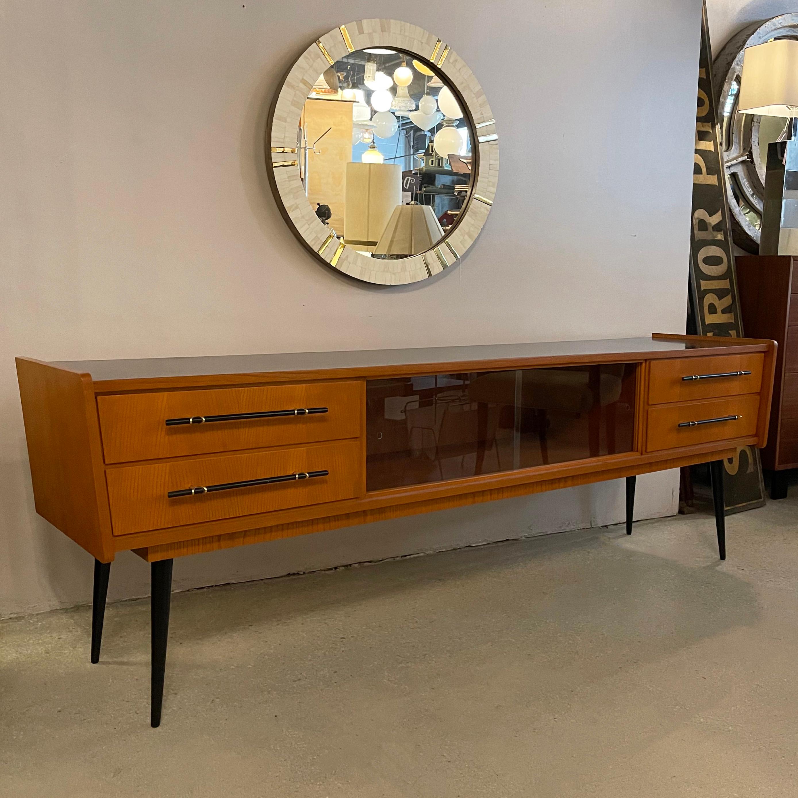 Brass Midcentury Modern Ash And Laminate Console Credenza For Sale