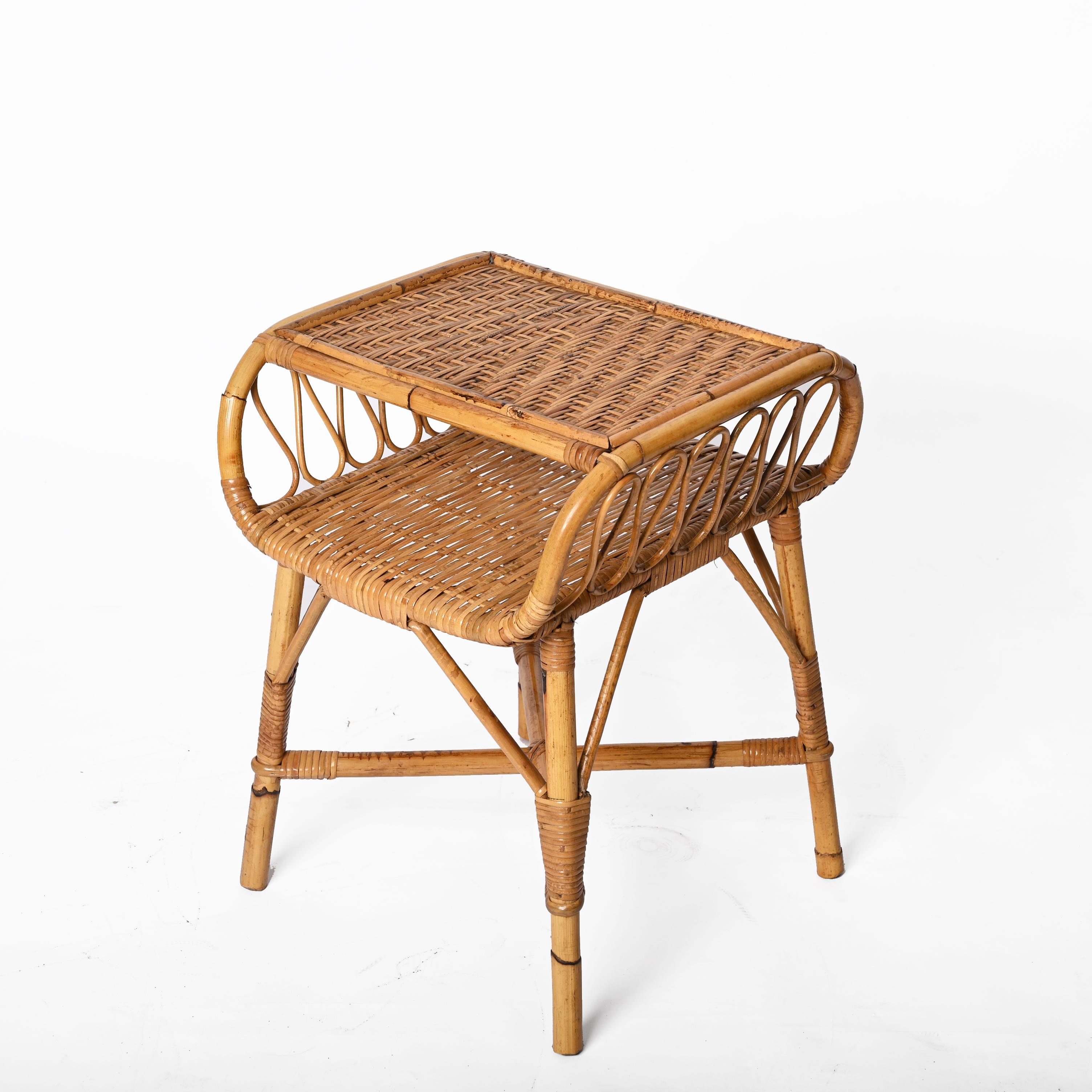 Midcentury Modern Bamboo Rattan and Wood Italian Bedside Table, 1960s 8