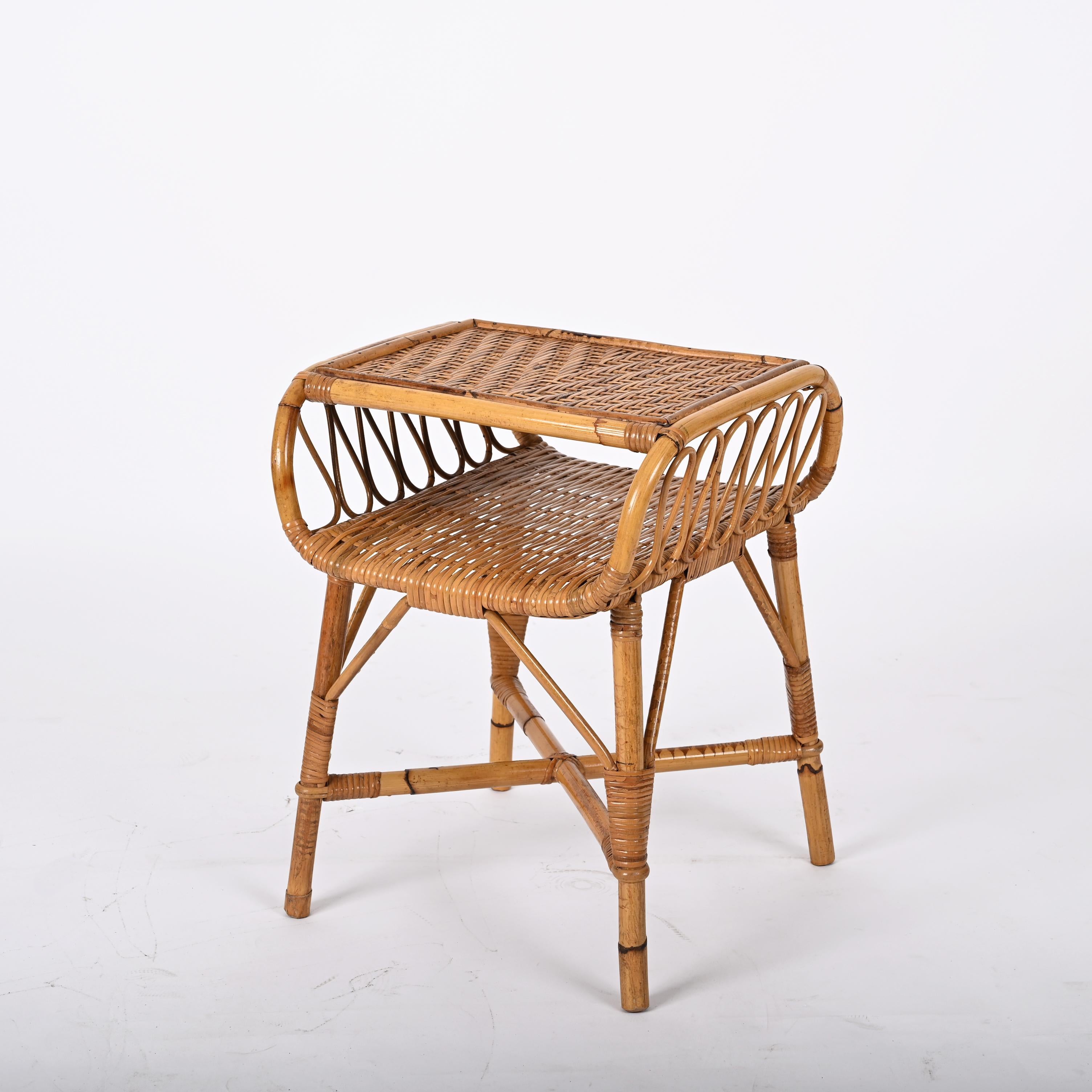 European Midcentury Modern Bamboo Rattan and Wood Italian Bedside Table, 1960s