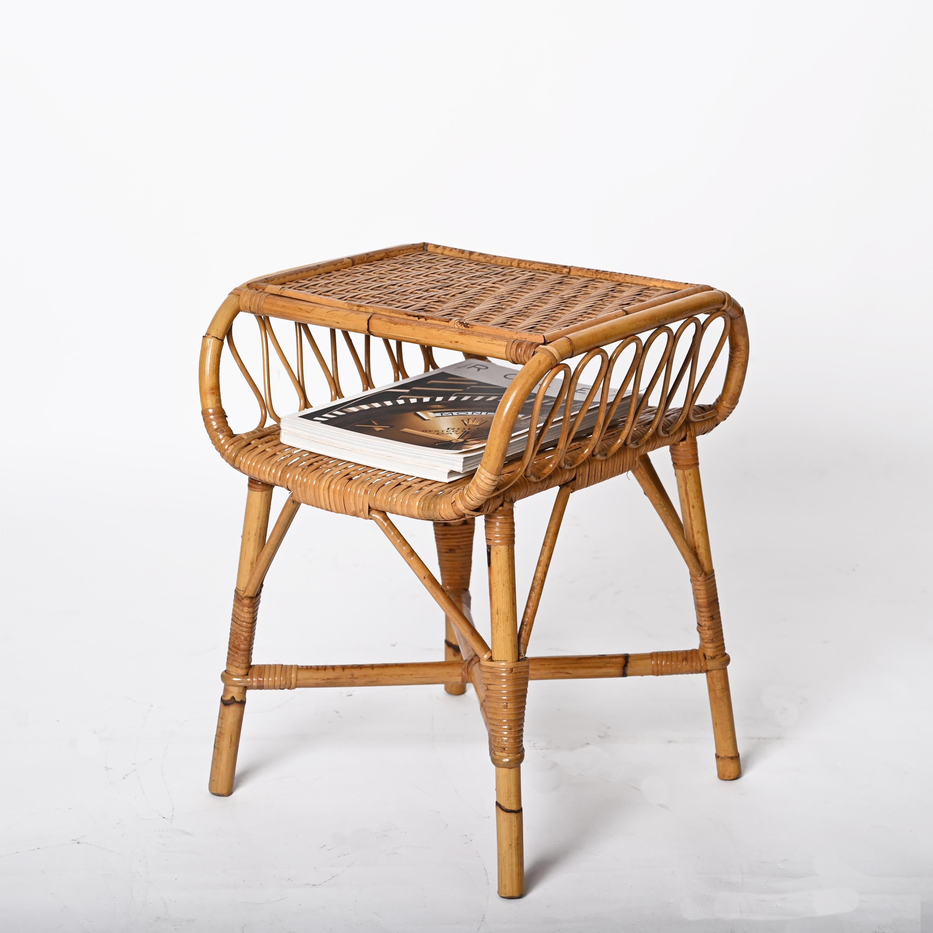 20th Century Midcentury Modern Bamboo Rattan and Wood Italian Bedside Table, 1960s