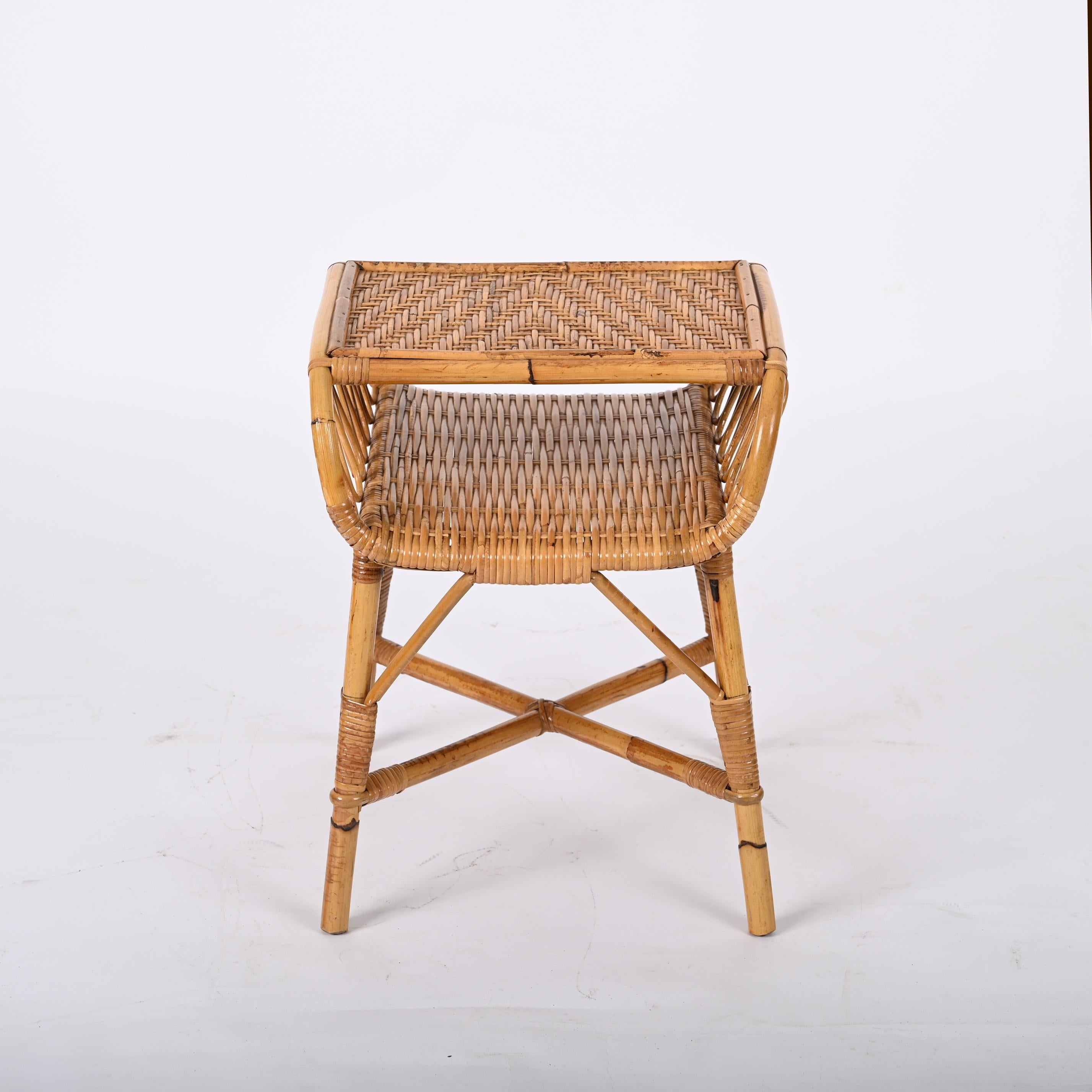 Midcentury Modern Bamboo Rattan and Wood Italian Bedside Table, 1960s 1