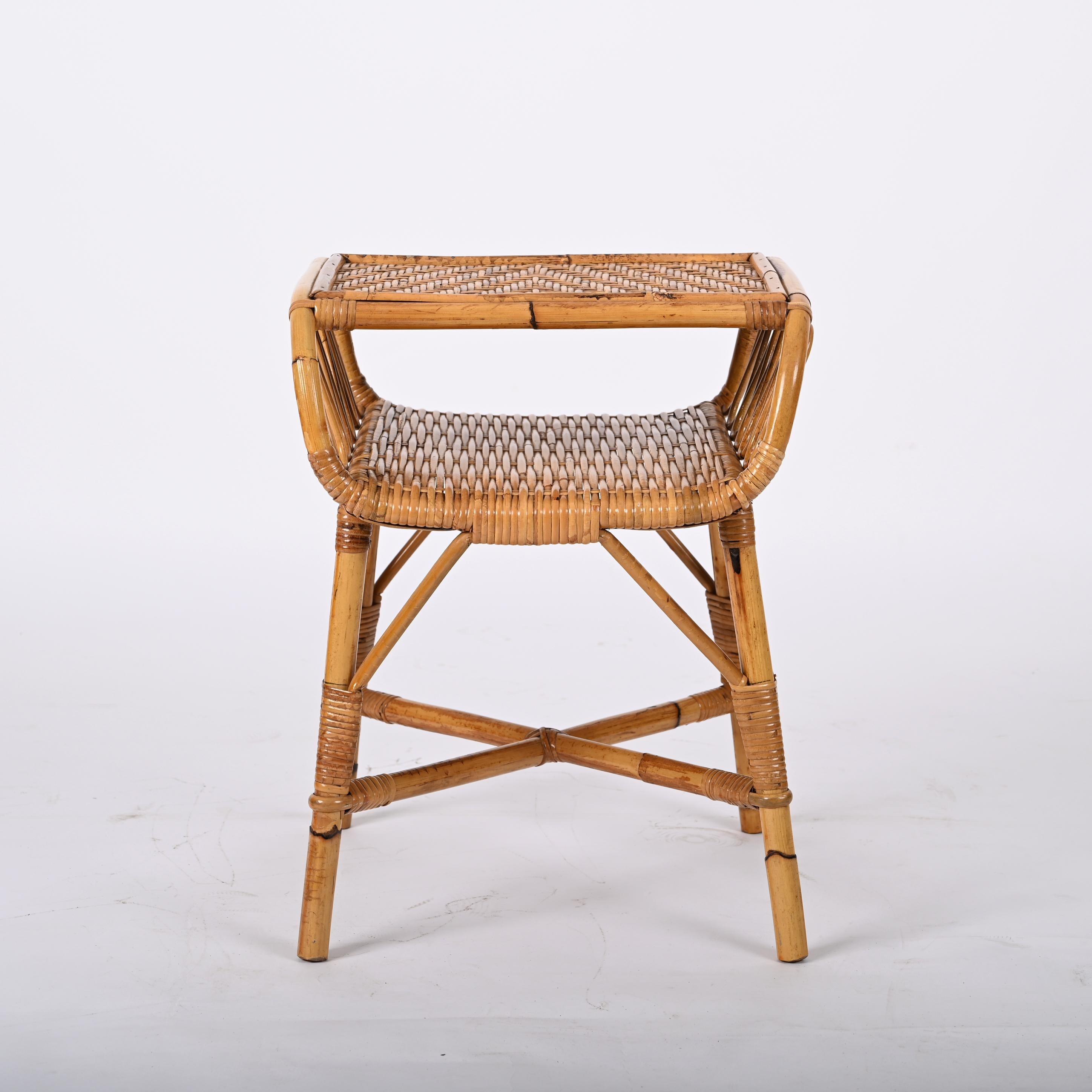 Midcentury Modern Bamboo Rattan and Wood Italian Bedside Table, 1960s 2
