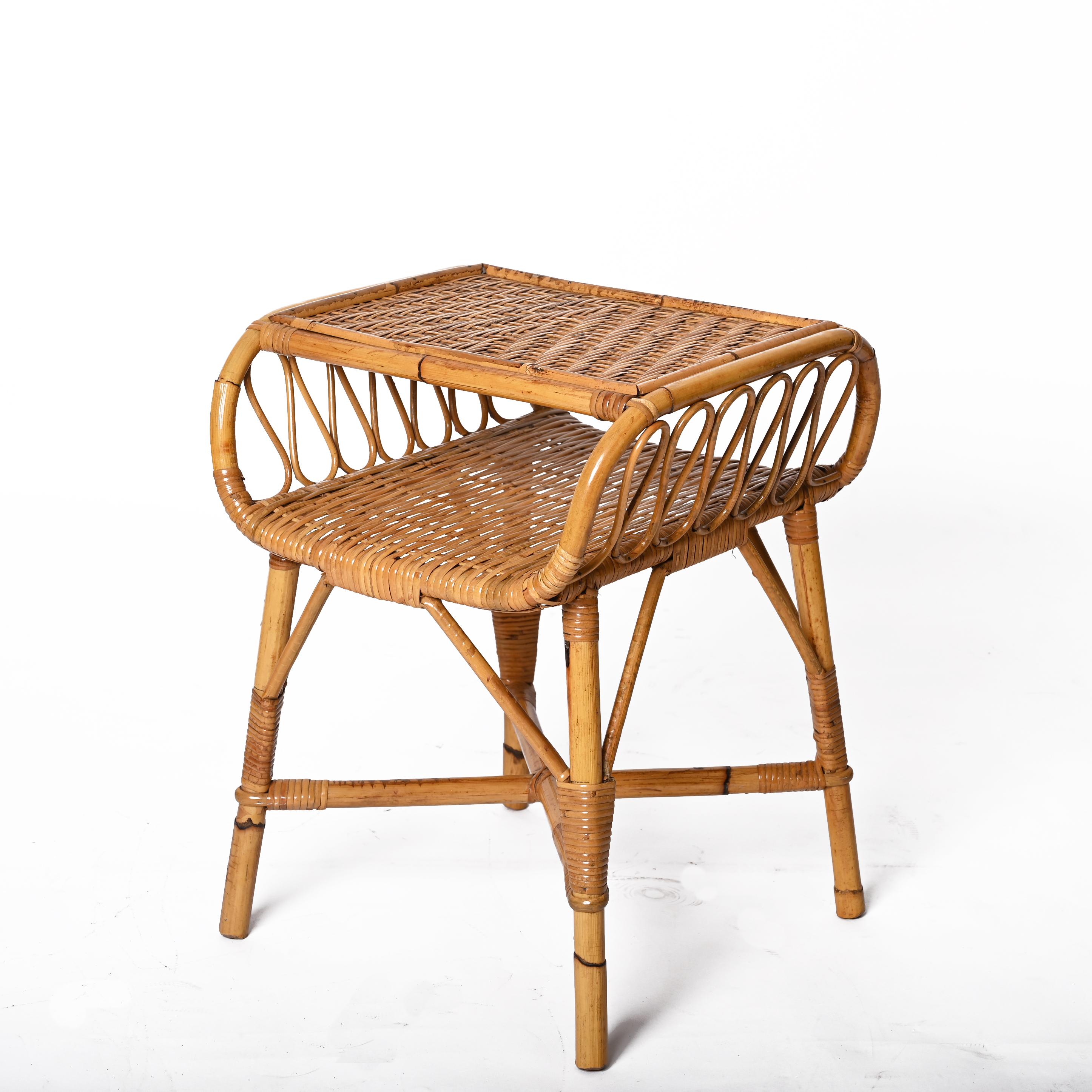 Midcentury Modern Bamboo Rattan and Wood Italian Bedside Table, 1960s 3
