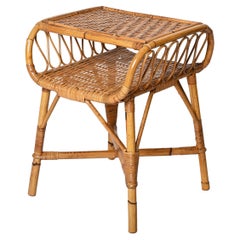 Midcentury Modern Bamboo Rattan and Wood Italian Bedside Table, 1960s