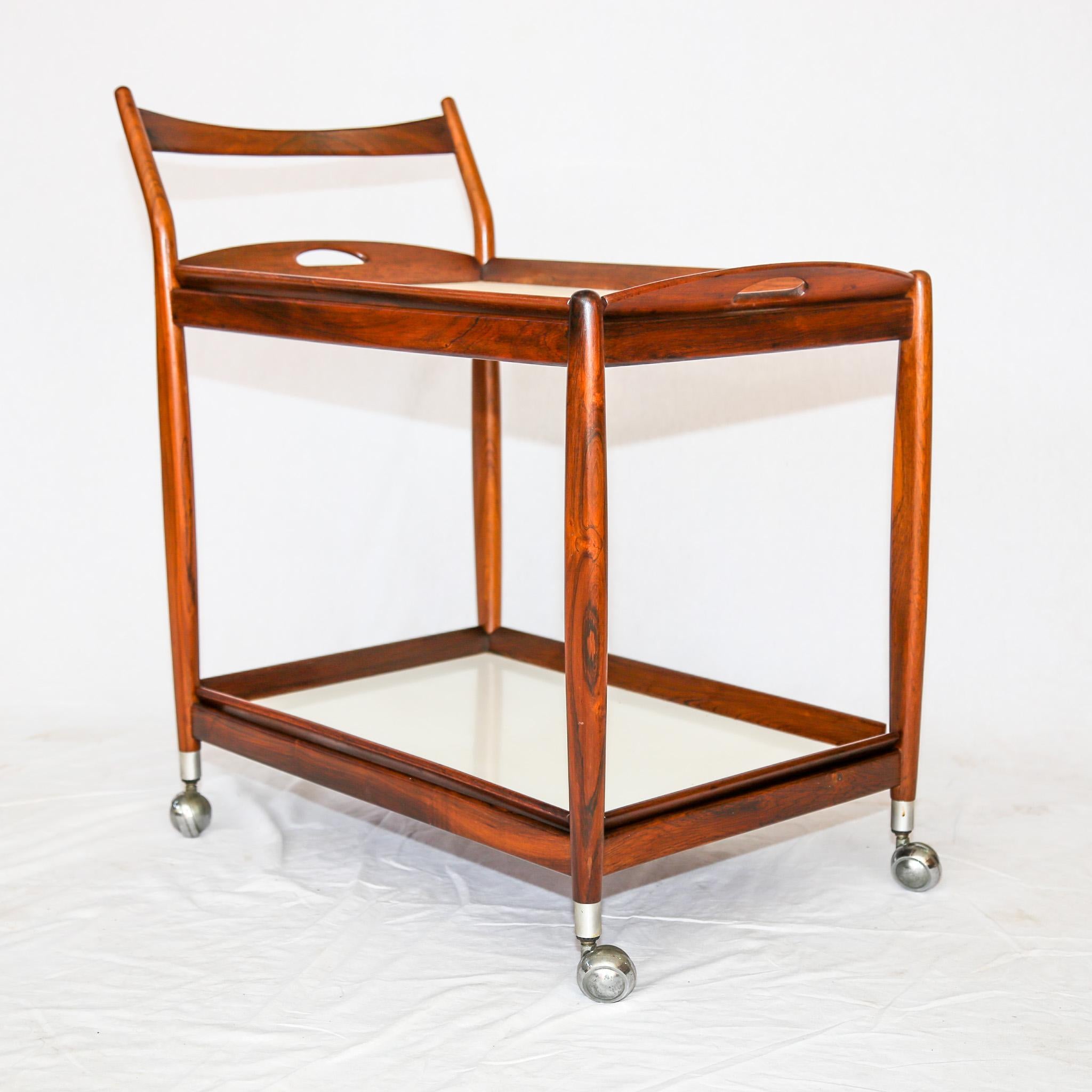 Chrome Mid-Century Modern Bar Cart in Hardwood & White Shelves, Sergio Rodrigues, 1960s For Sale
