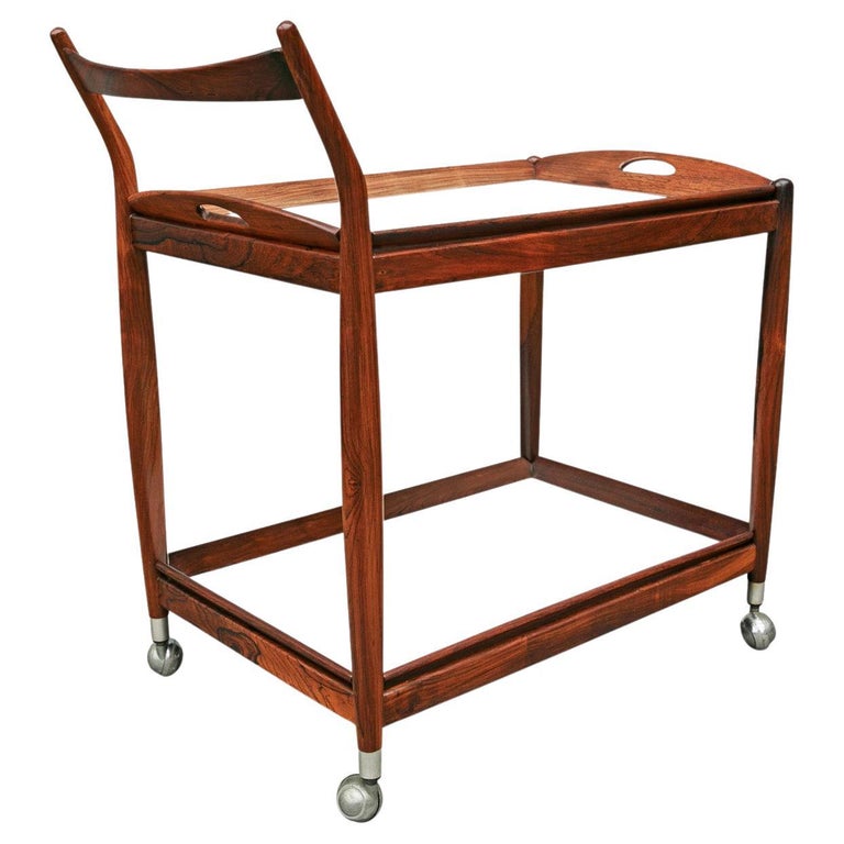 MidCentury Modern Bar Cart in Hardwood and White Shelves, Sergio Rodrigues, 1960s For Sale at