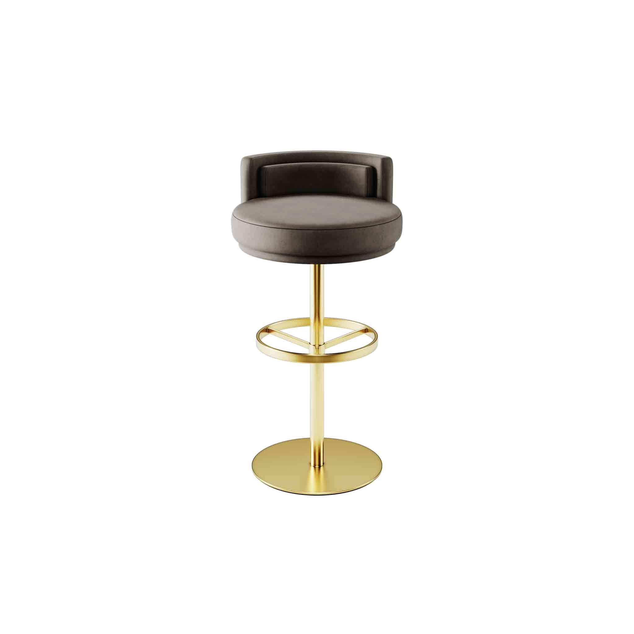 Cluedo Counter Stool is a Memphis design style chair. A swivel counter stool that brings comfort and modernity into a luxury hospitality project. This modern chair enlivens a contemporary interior design project. 

Materials: Upholstered in Velvet;