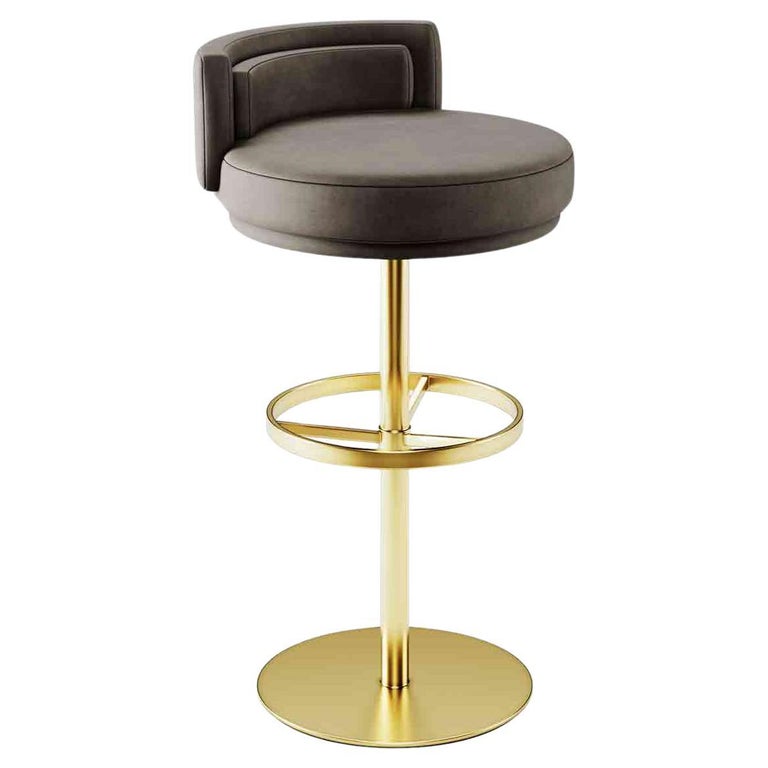 Bar Chair Counter Height In Velvet Upholstery & Polished Brass For Sale