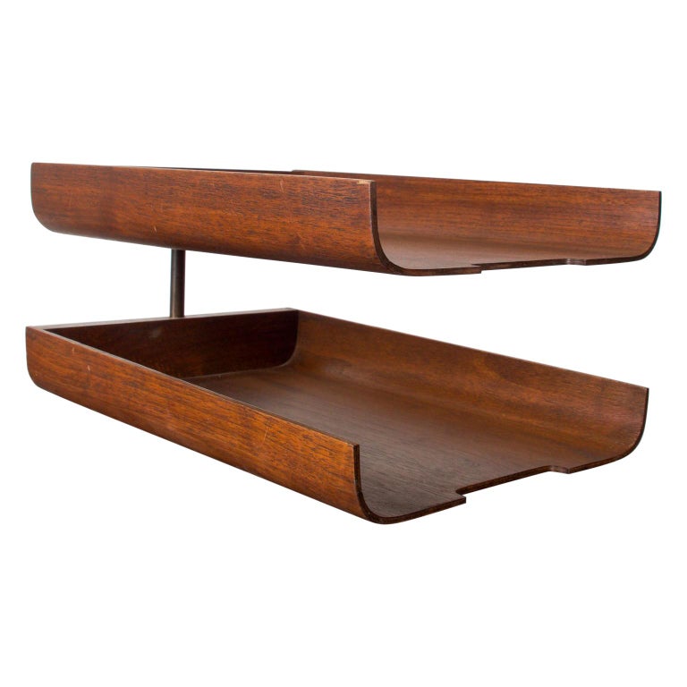 MidCentury Modern Bent Plywood Office Desk Paper Holder Tray in Walnut