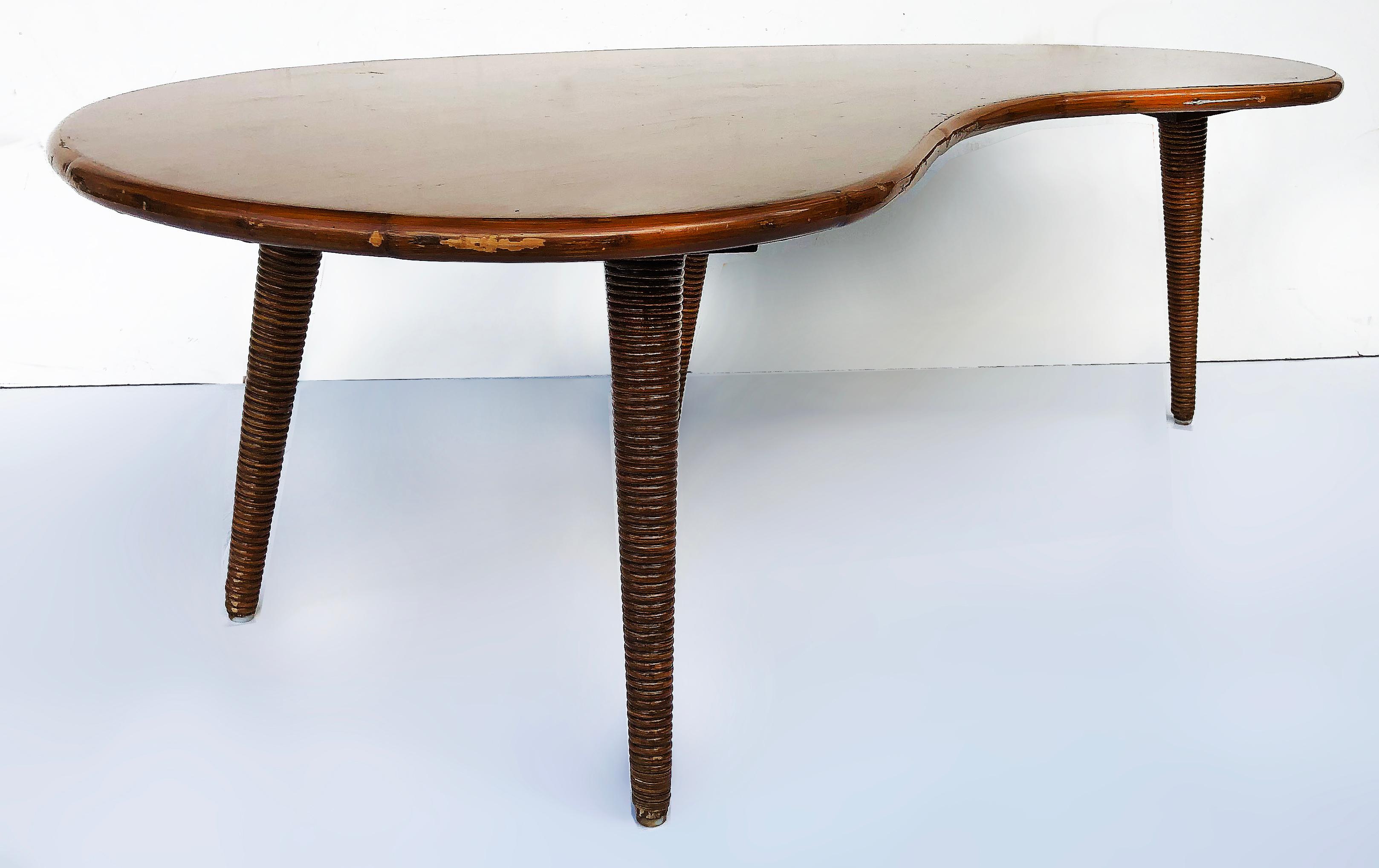 American Mid-Century Modern Biomorphic Form Coffee Table with Tapered Reed Legs