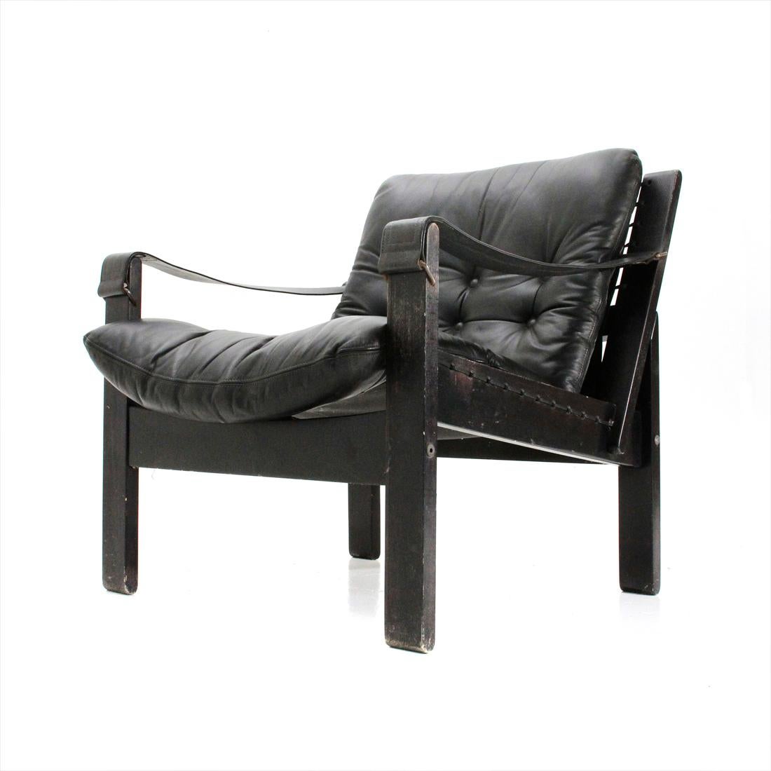 Late 20th Century Mid-Century Modern Black Leather Armchair, 1970s For Sale