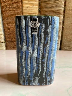 Midcentury Modern Blue and White Striped Fat Lava Stoneware Vase by Jasba, 1960s