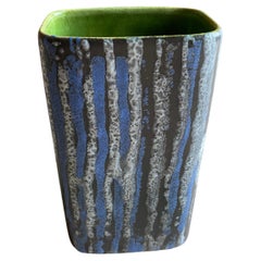 Midcentury Modern Blue and White Striped Fat Lava Stoneware Vase by Jasba, 1960s