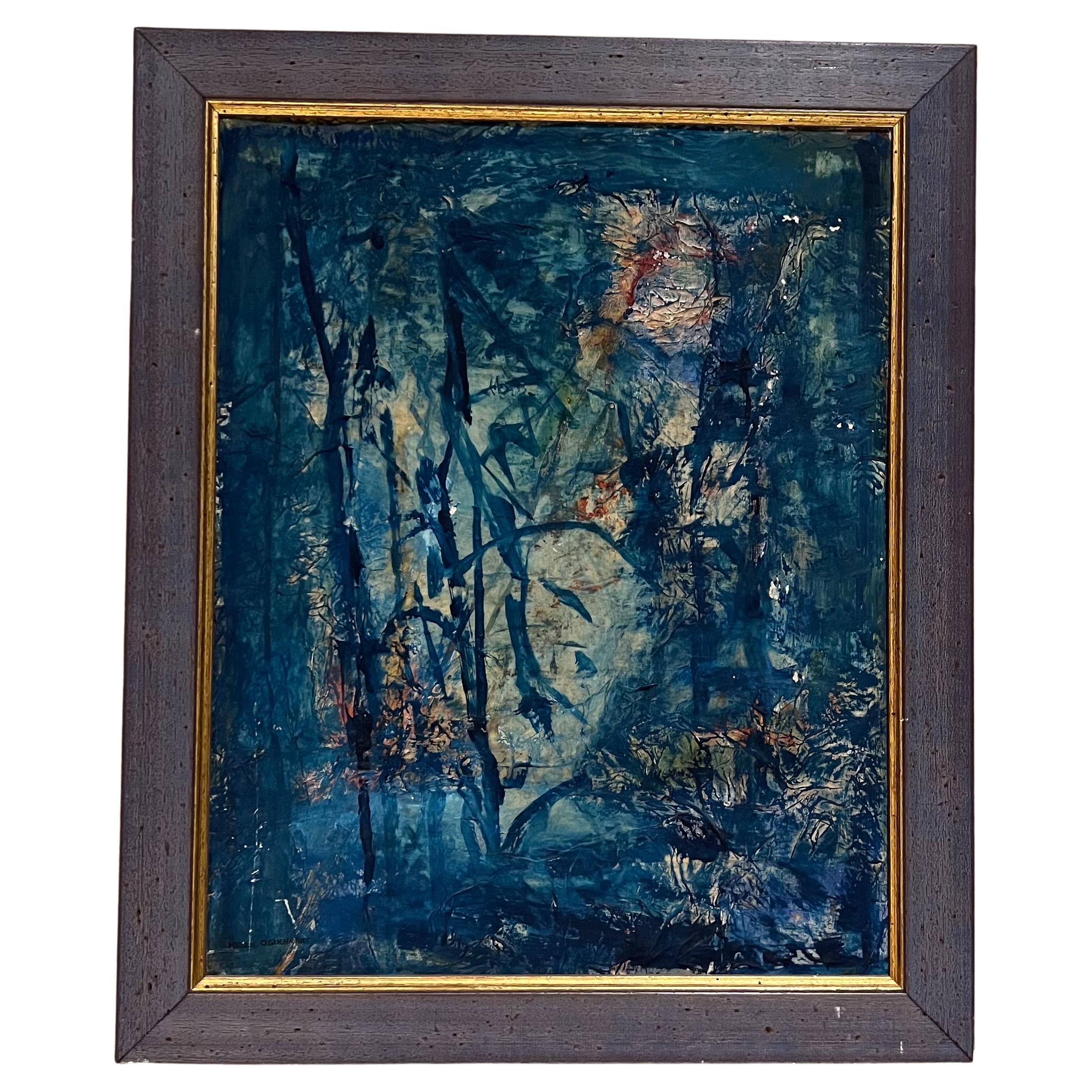 Blaue Kunst, Öl auf Leinwand, Abstrakter Expression, Helen Oguerran, Moderne der Mitte des Jahrhunderts