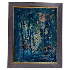 Art bleu moderne du milieu du siècle dernier huile sur toile expression abstraite d'Hélène Oguerran