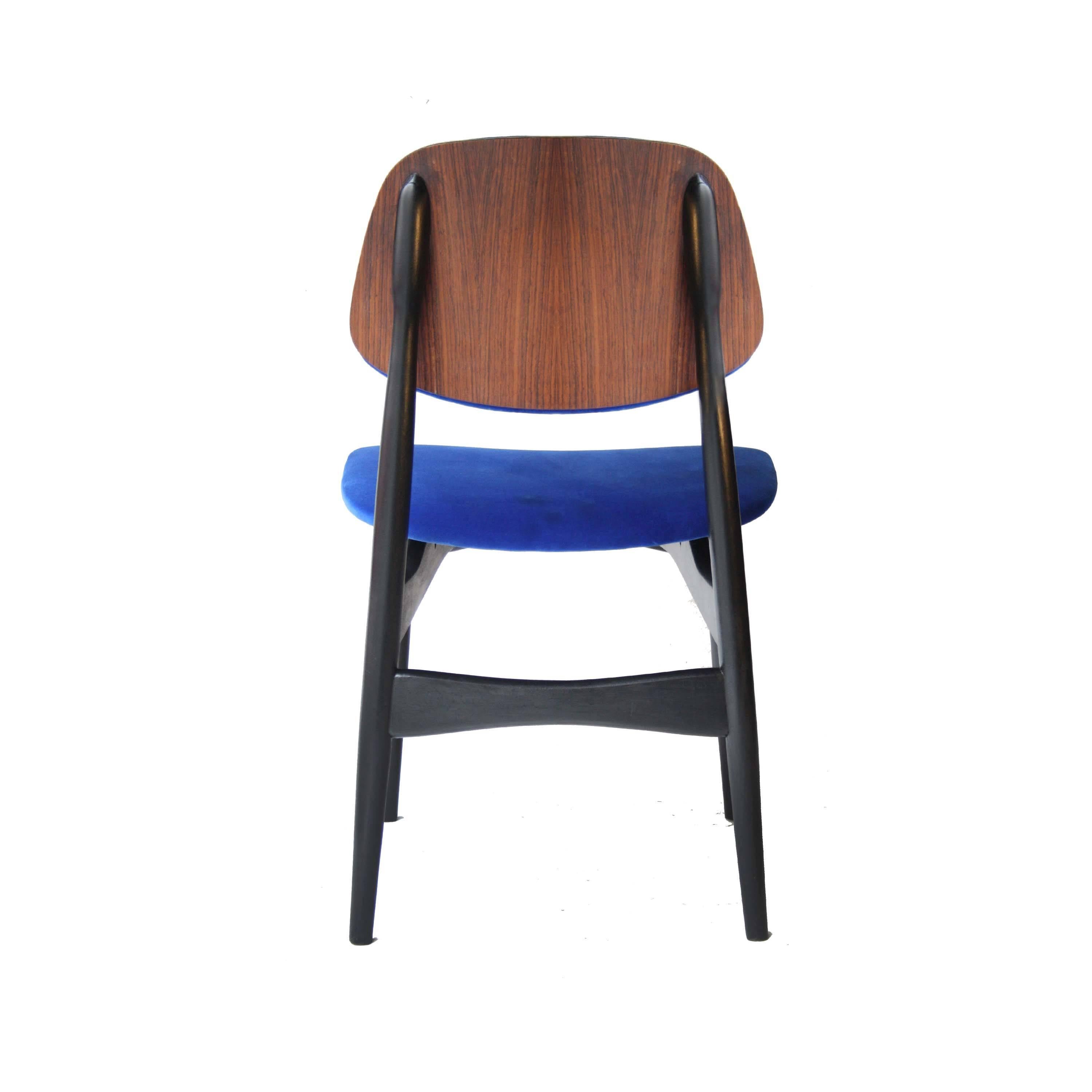 Mid-Century Modern Midcentury Modern Blue Velvet Black Wood Italian Set Four Chairs, 1950