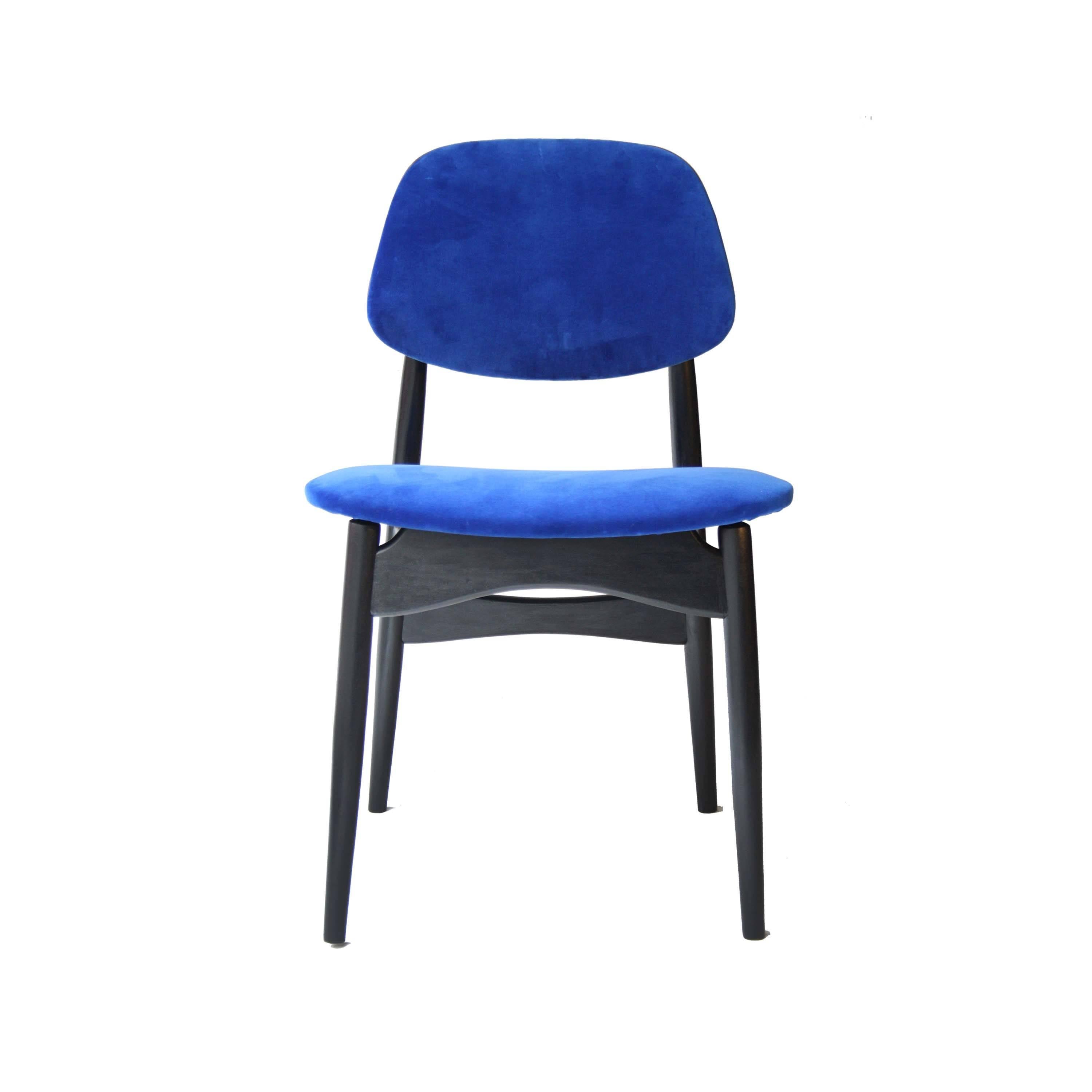 Midcentury Modern Blue Velvet Black Wood Italian Set Four Chairs, 1950 In Good Condition In Madrid, ES
