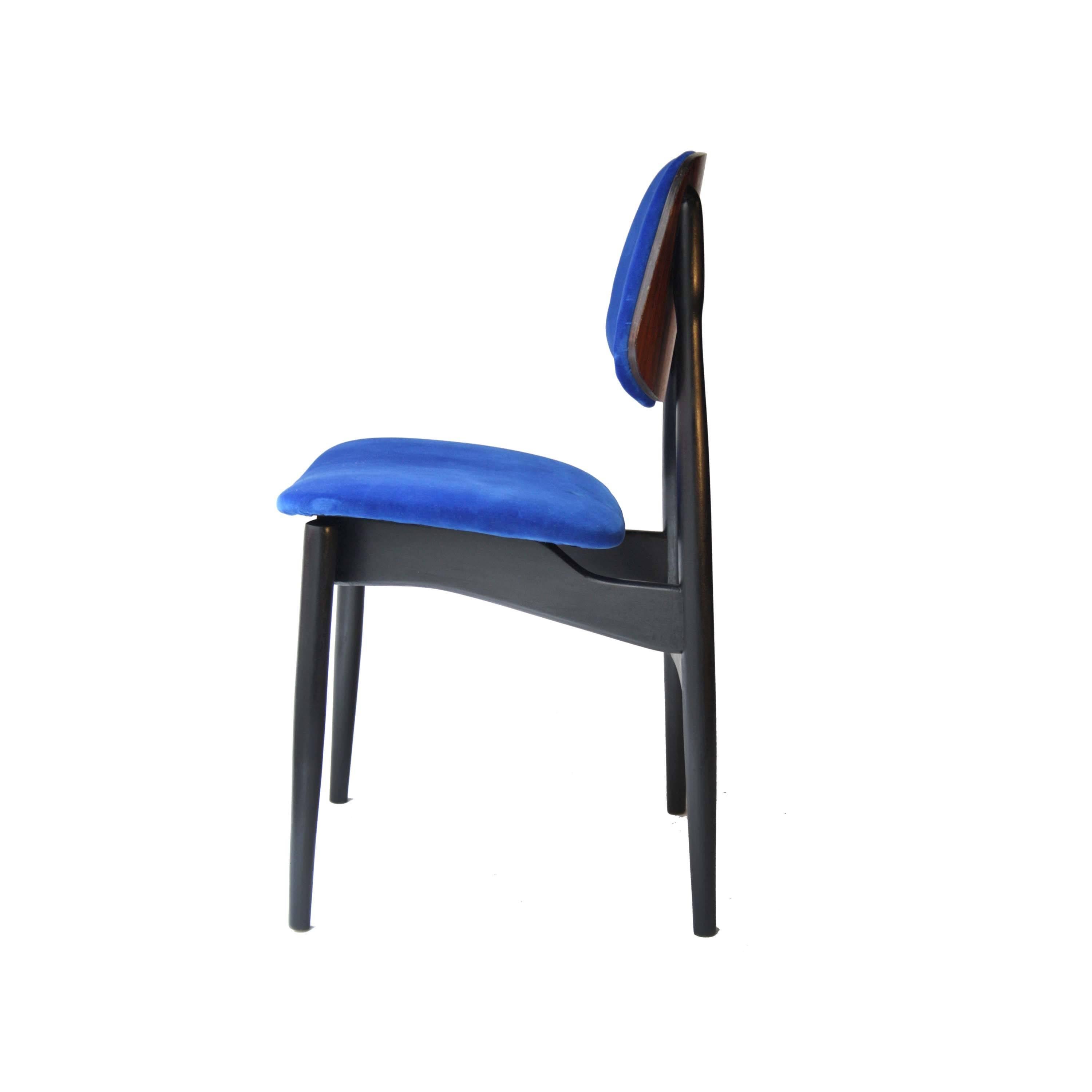 Mid-20th Century Midcentury Modern Blue Velvet Black Wood Italian Set Four Chairs, 1950