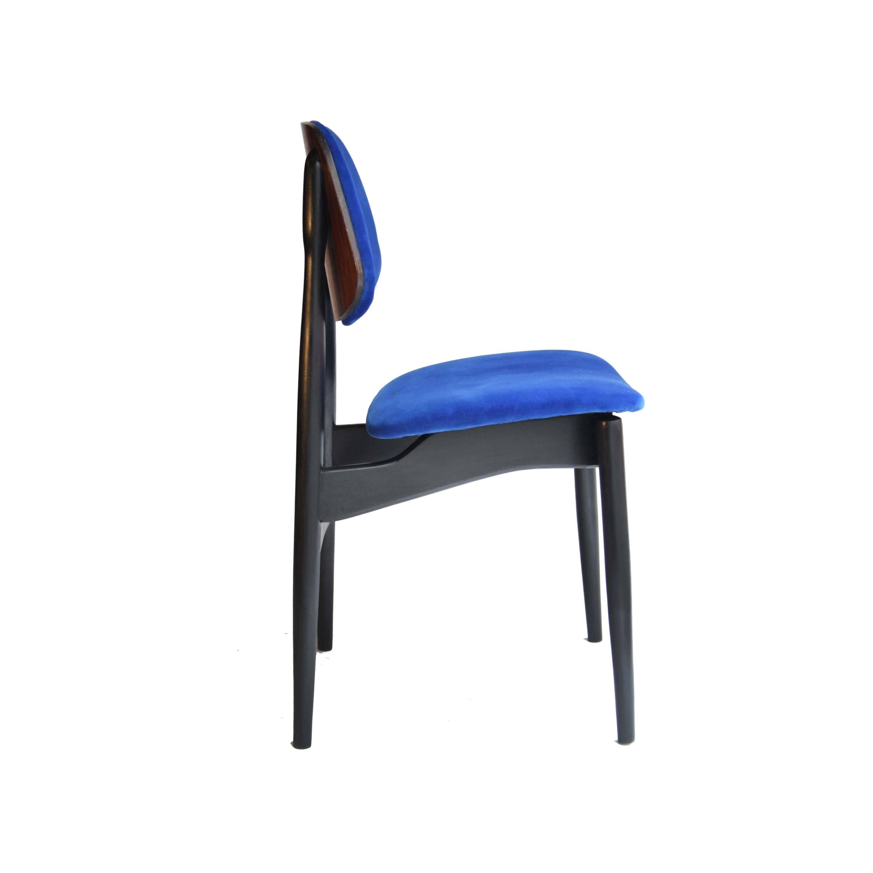 Walnut Midcentury Modern Blue Velvet Black Wood Italian Set Four Chairs, 1950