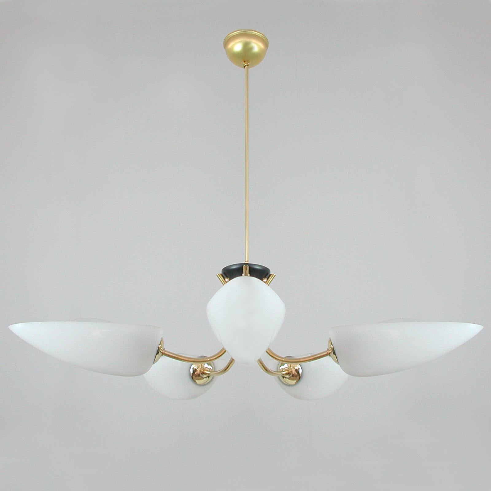 This handsome Maison Arlus Style spider fixture was designed and manufactured in France in the 1950s. It features five candelabra lights extended by brass arms. The white leaf shaped lampshades are made of acrylic. 

The light requires 5 E14 bulbs