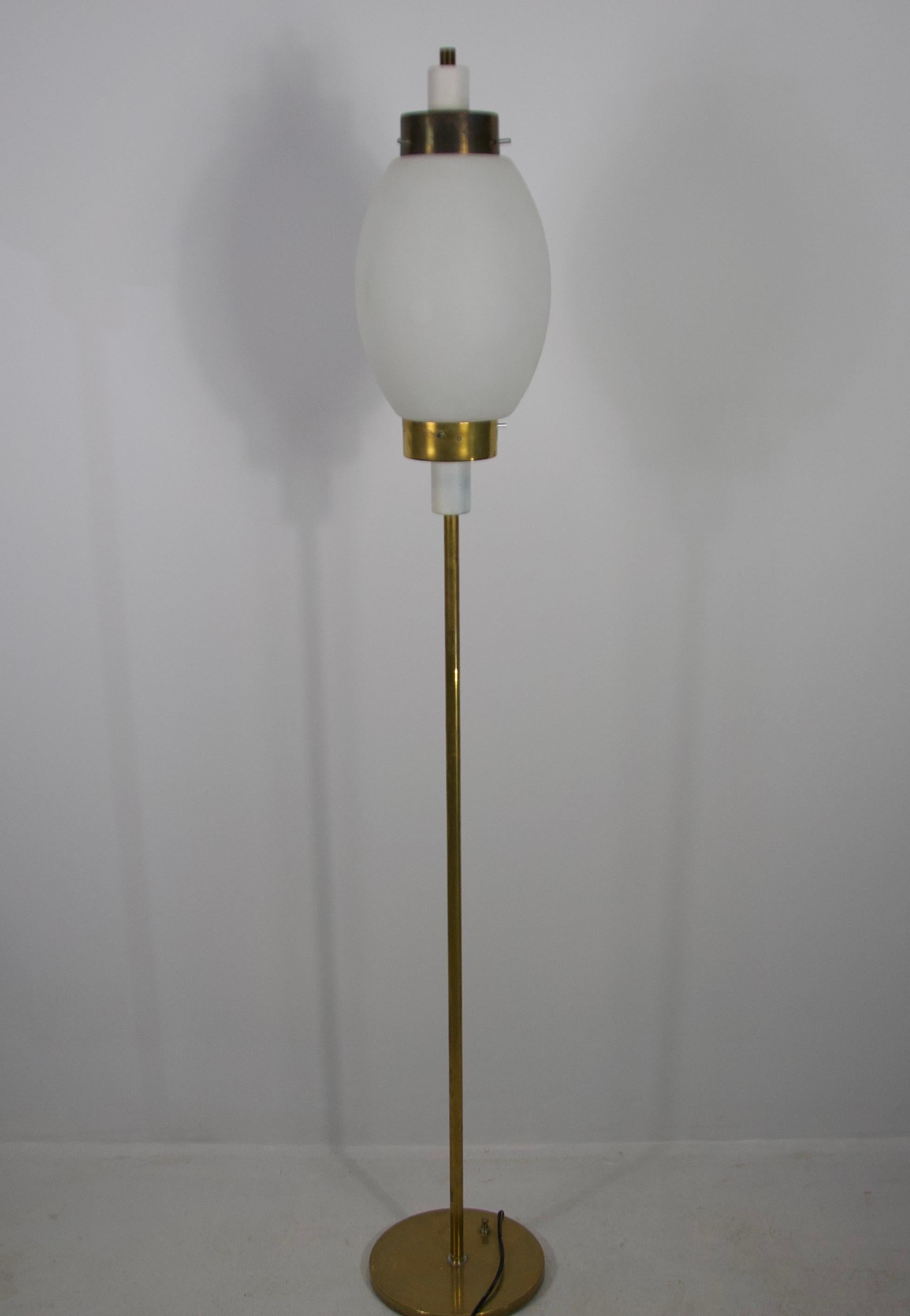 Mid-Century Modern Midcentury Modern Brass and Opaline Glass Italian Floor Lamp, 1960s For Sale