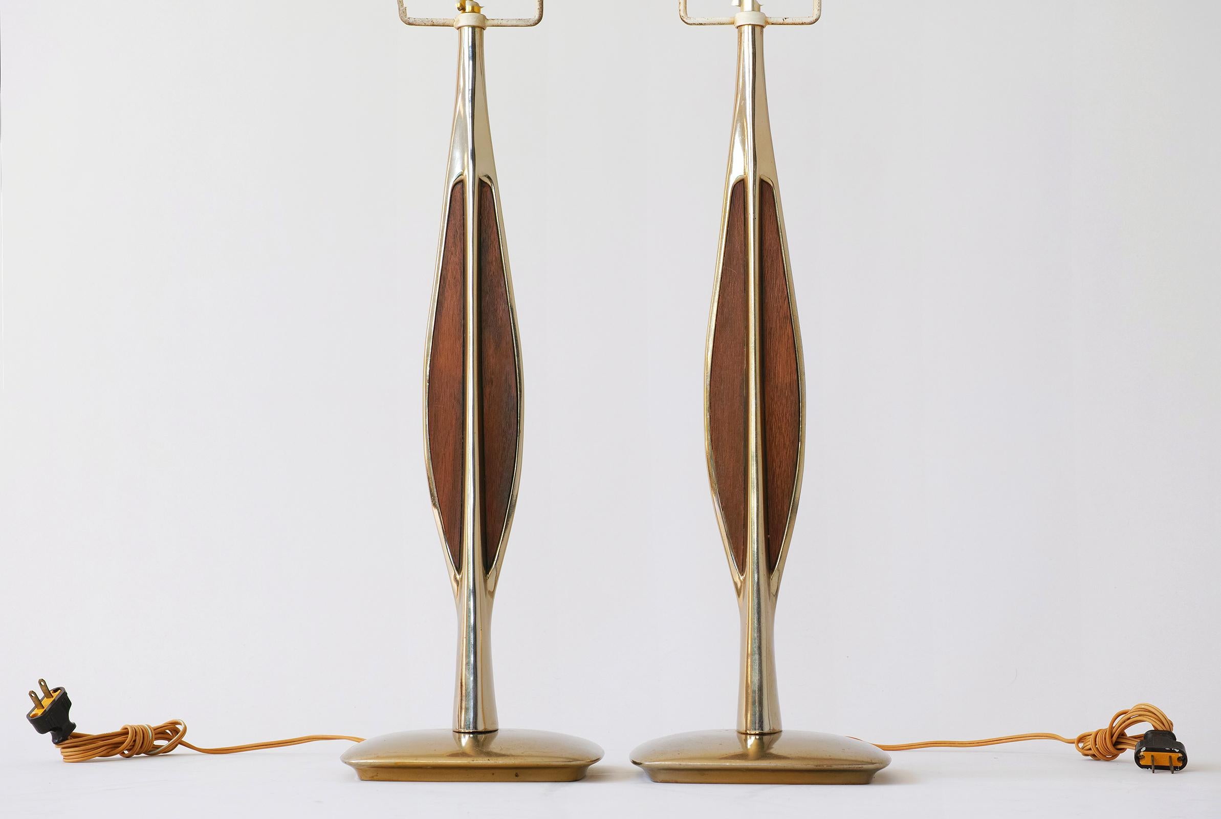 American Mid-Century Modern Brass and Wood Table Lamps by Laurel