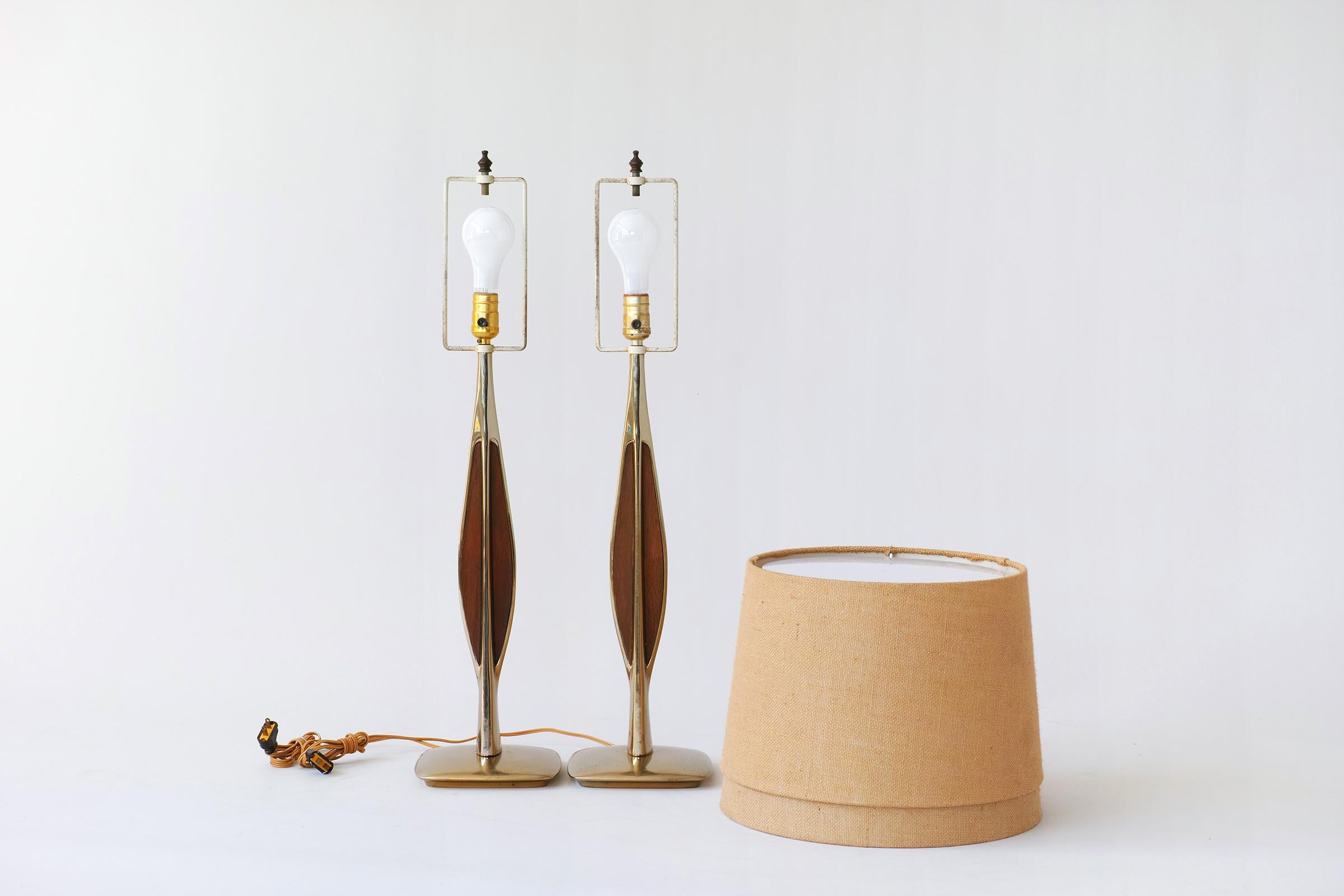 Mid-20th Century Mid-Century Modern Brass and Wood Table Lamps by Laurel